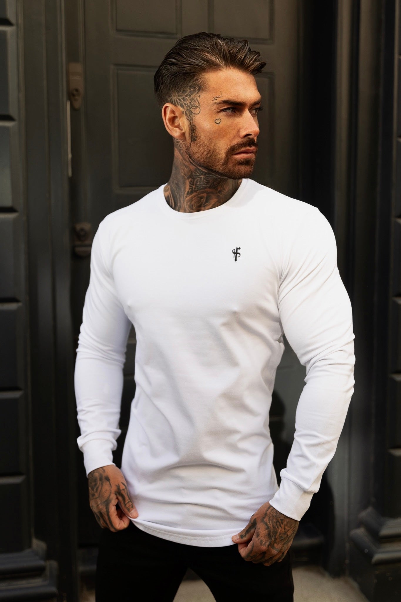 Classic White / Black Tonal Curved Hem Long Sleeve Crew T Shirt - FSH996
