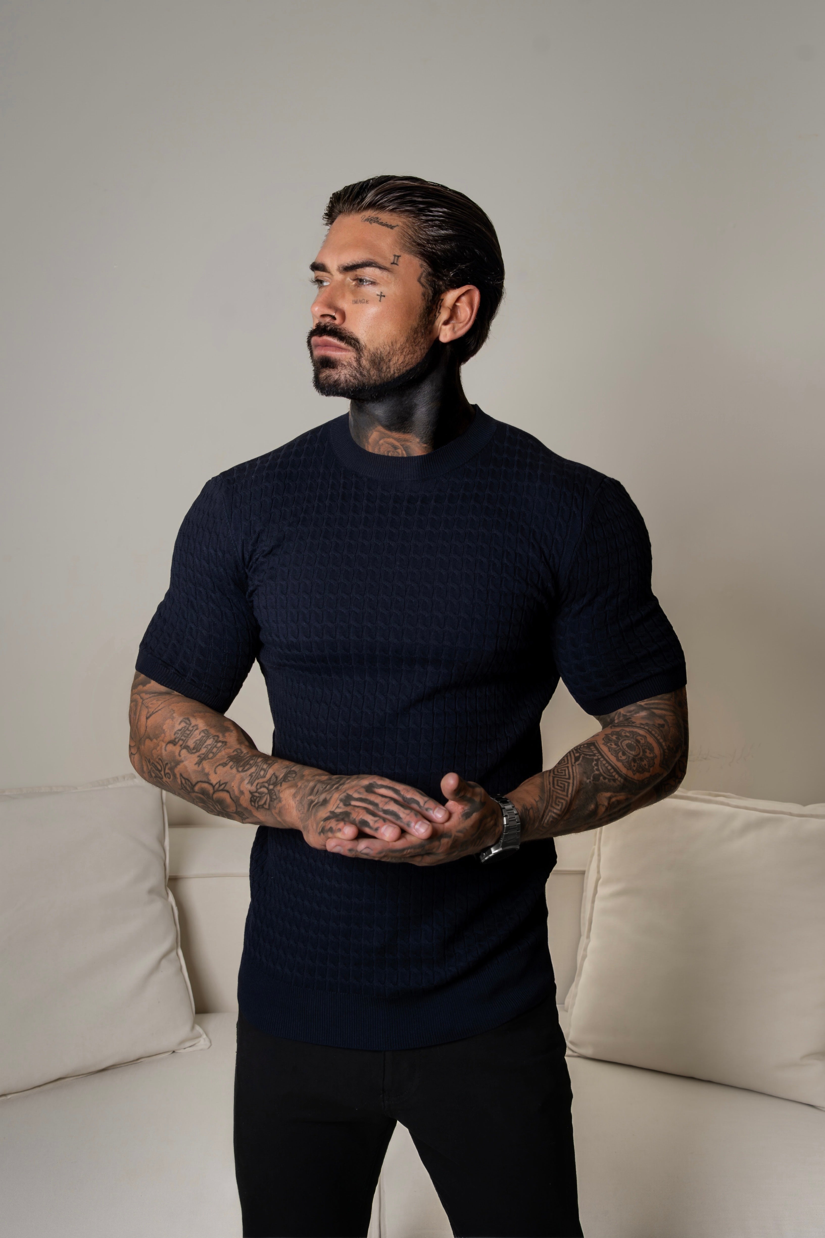 Front Chain Knit Crew Tshirt Navy Short Sleeve - FSR054