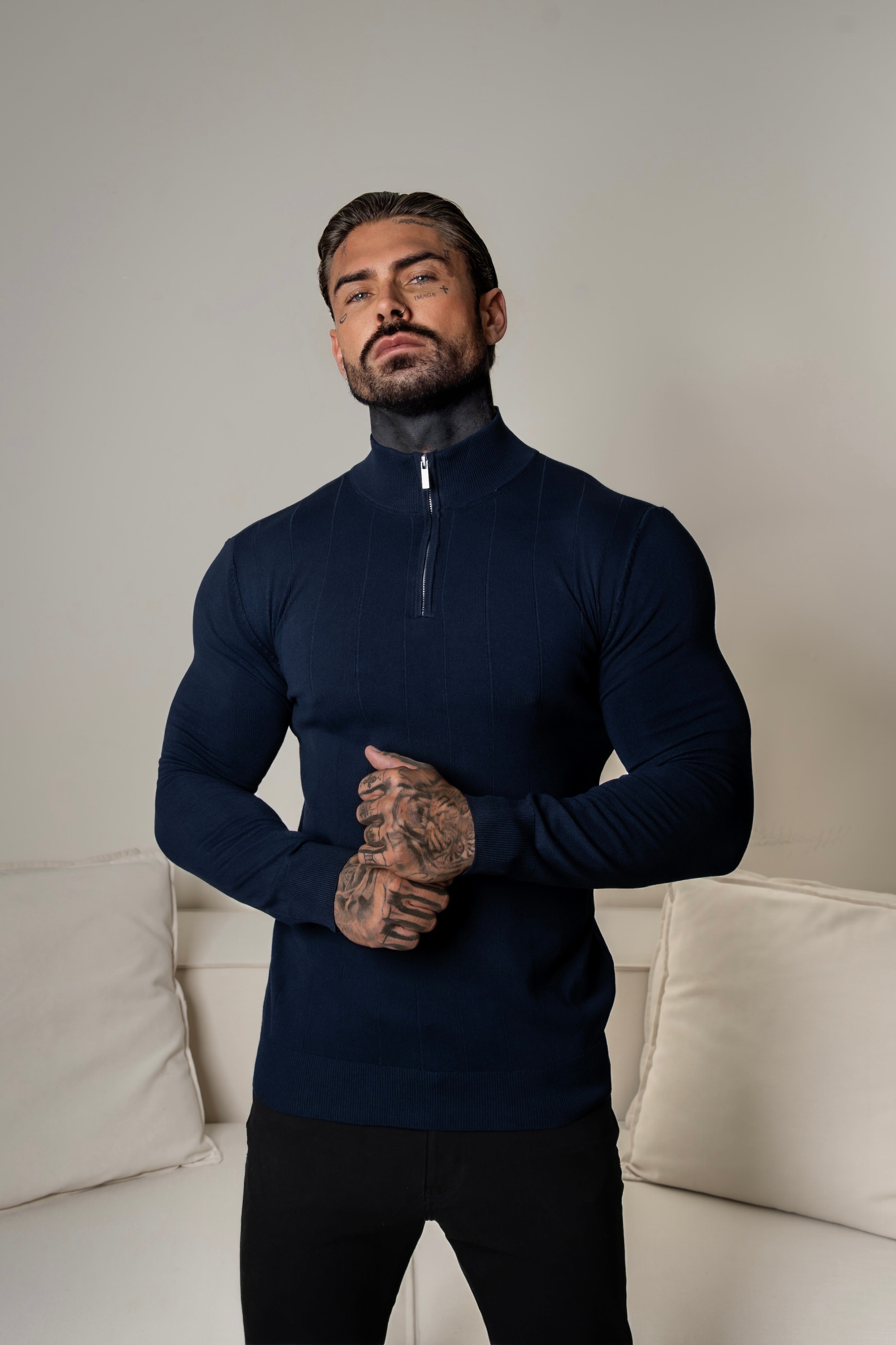 Self Stripe 1/4 Zip Funnel Neck Knit Jumper Navy Long Sleeve - FSR049