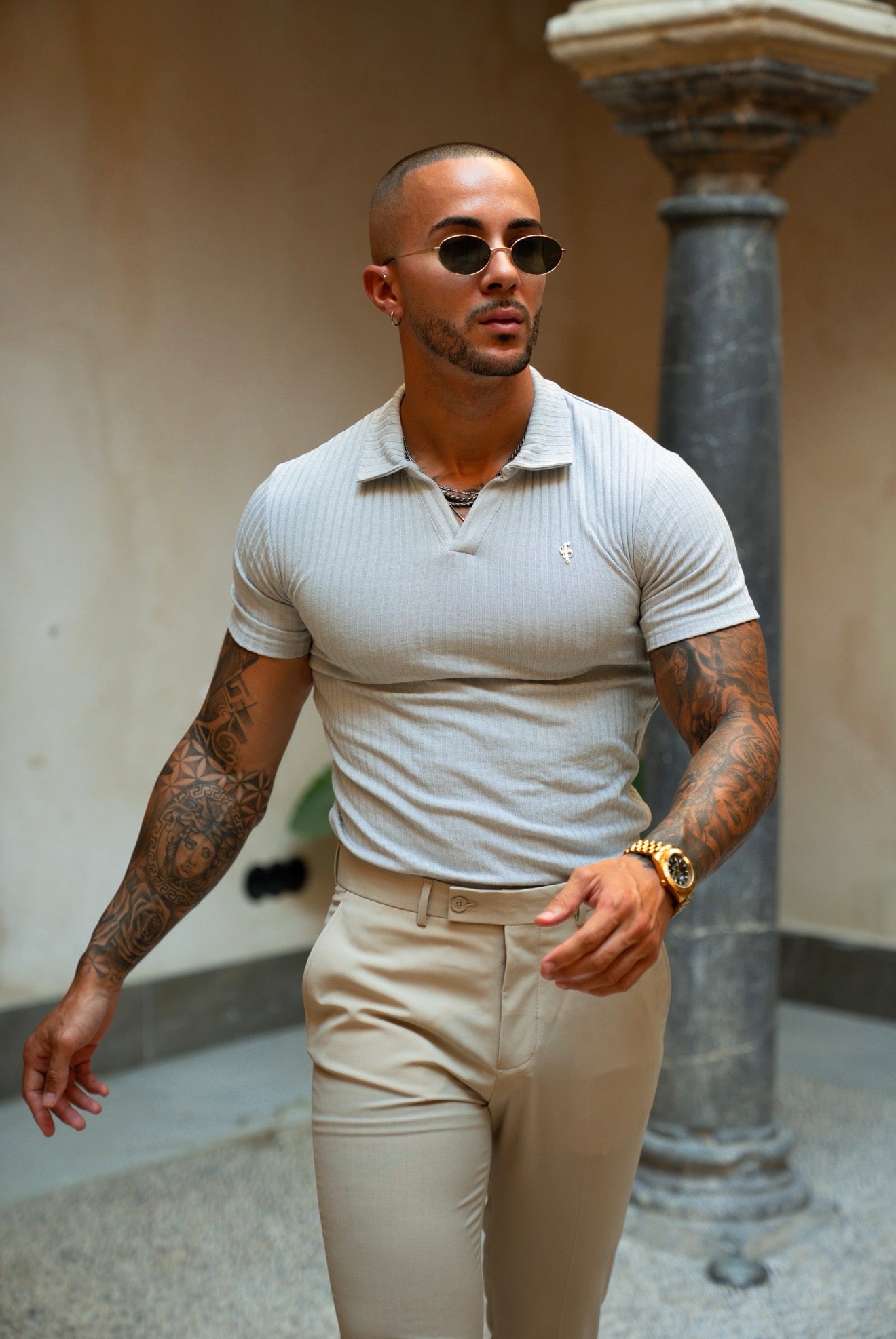 Light Grey / Silver Ribbed Revere Short Sleeve Polo Shirt - FSH1461