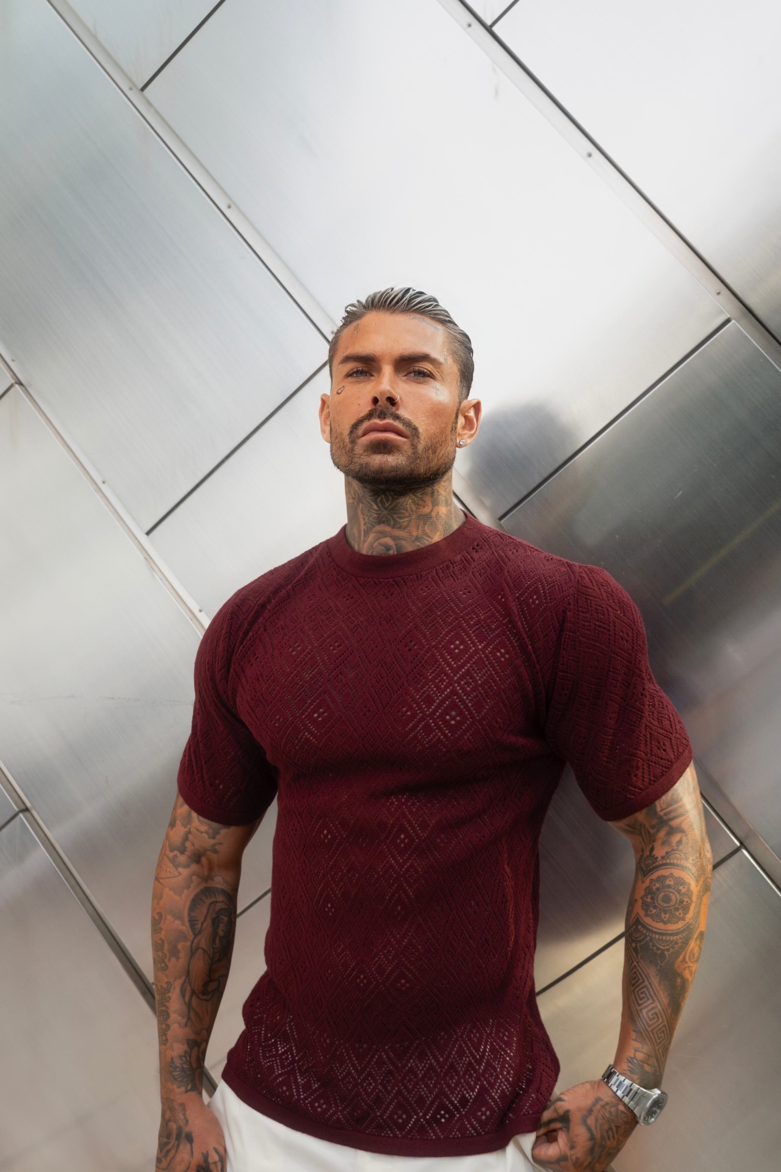 Crochet Crew T-Shirt Burgundy Short Sleeve - FSJ089