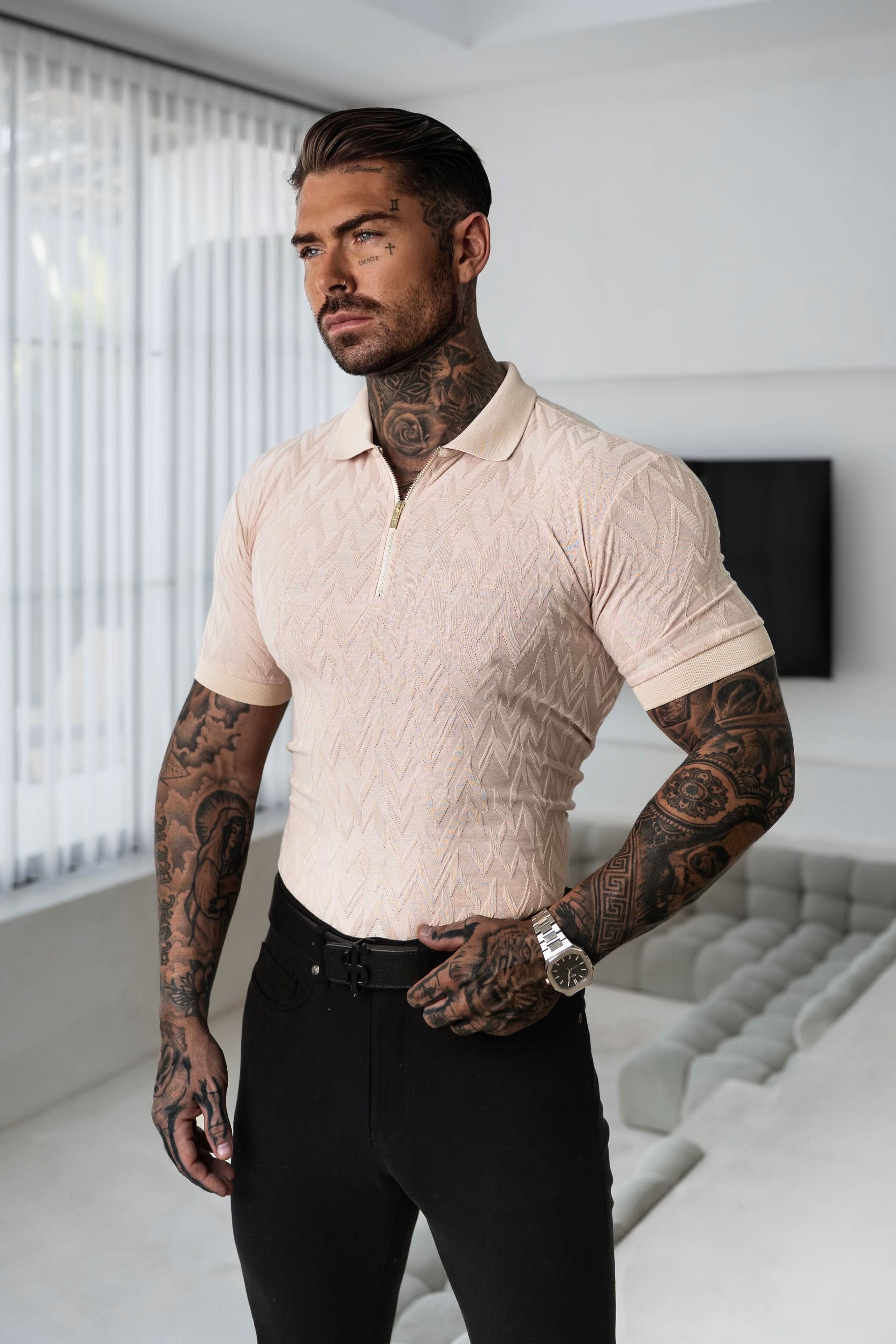 Classic Jacquard Beige Chevron Zipped Polo - FSR023