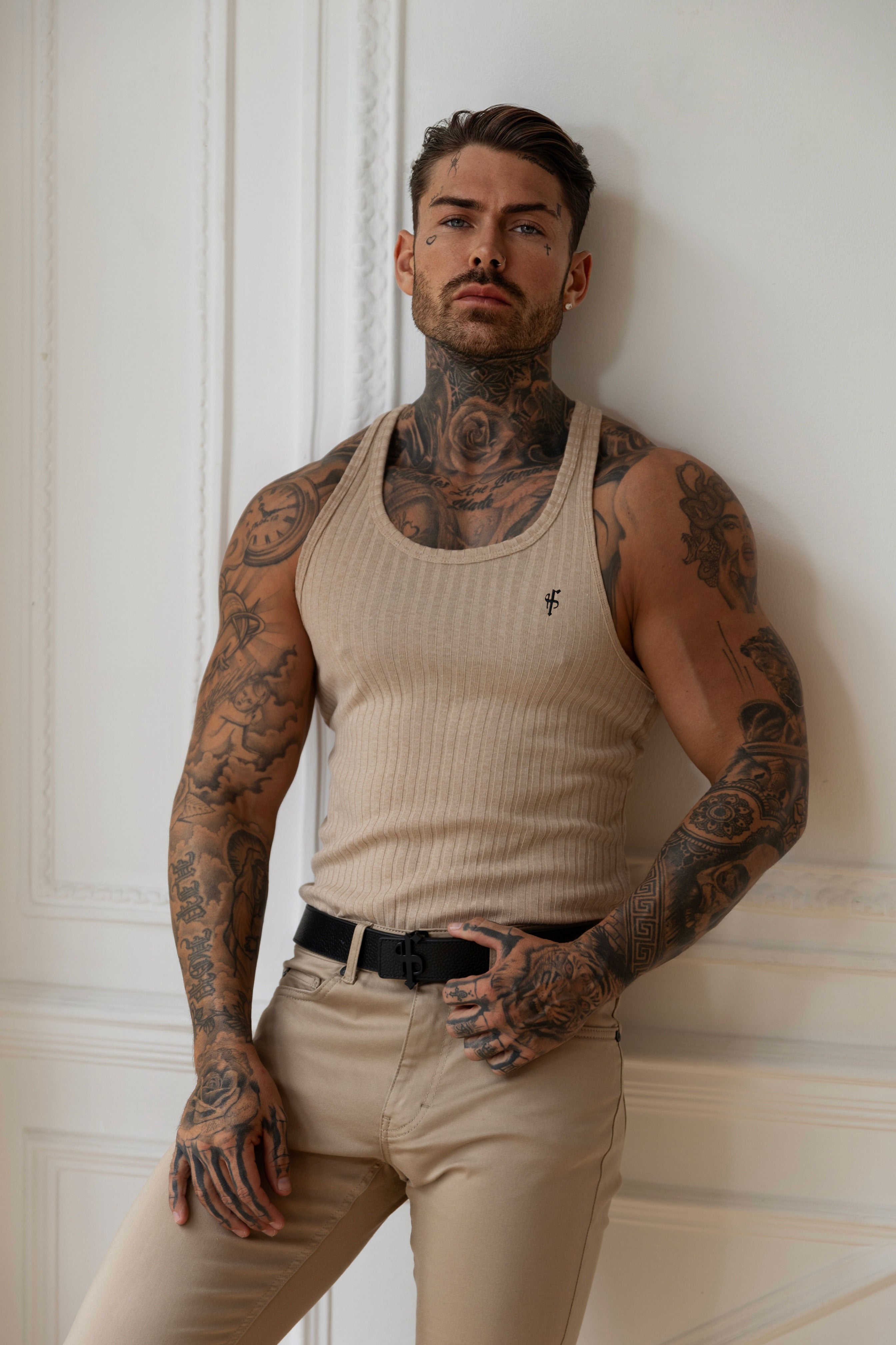 Beige / Black Ribbed Knit Super Slim Vest - Black Emb