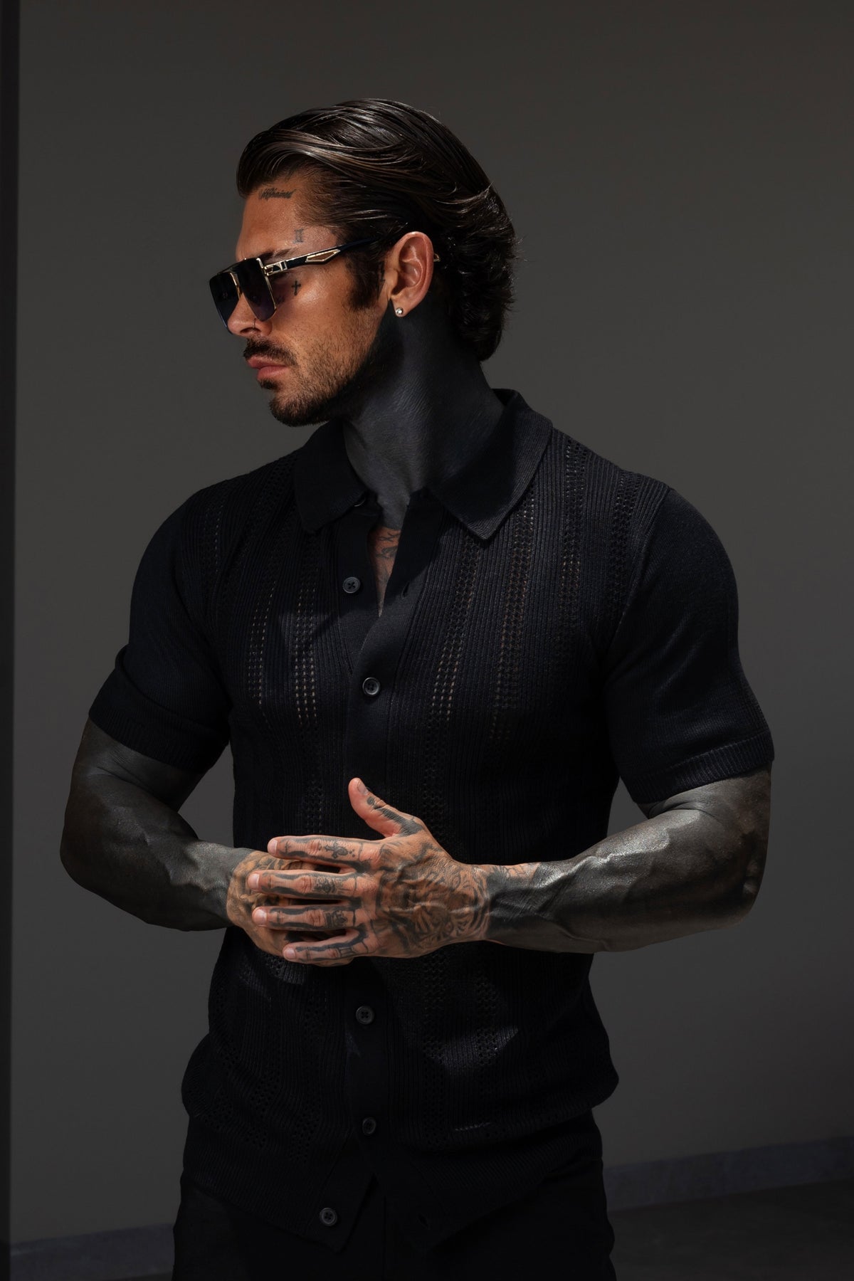 Black Stripe Perforated Shirt Short Sleeve - FSA019
