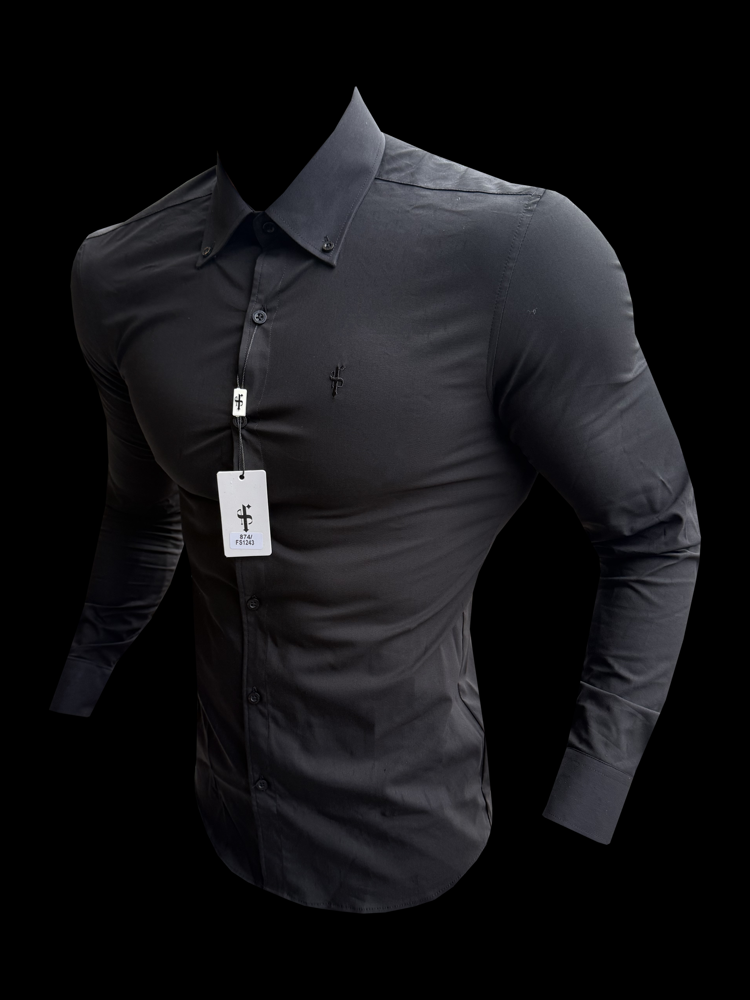 Muscle Fit Advanced Stretch Black Buttondown Collar Shirt - FS1243