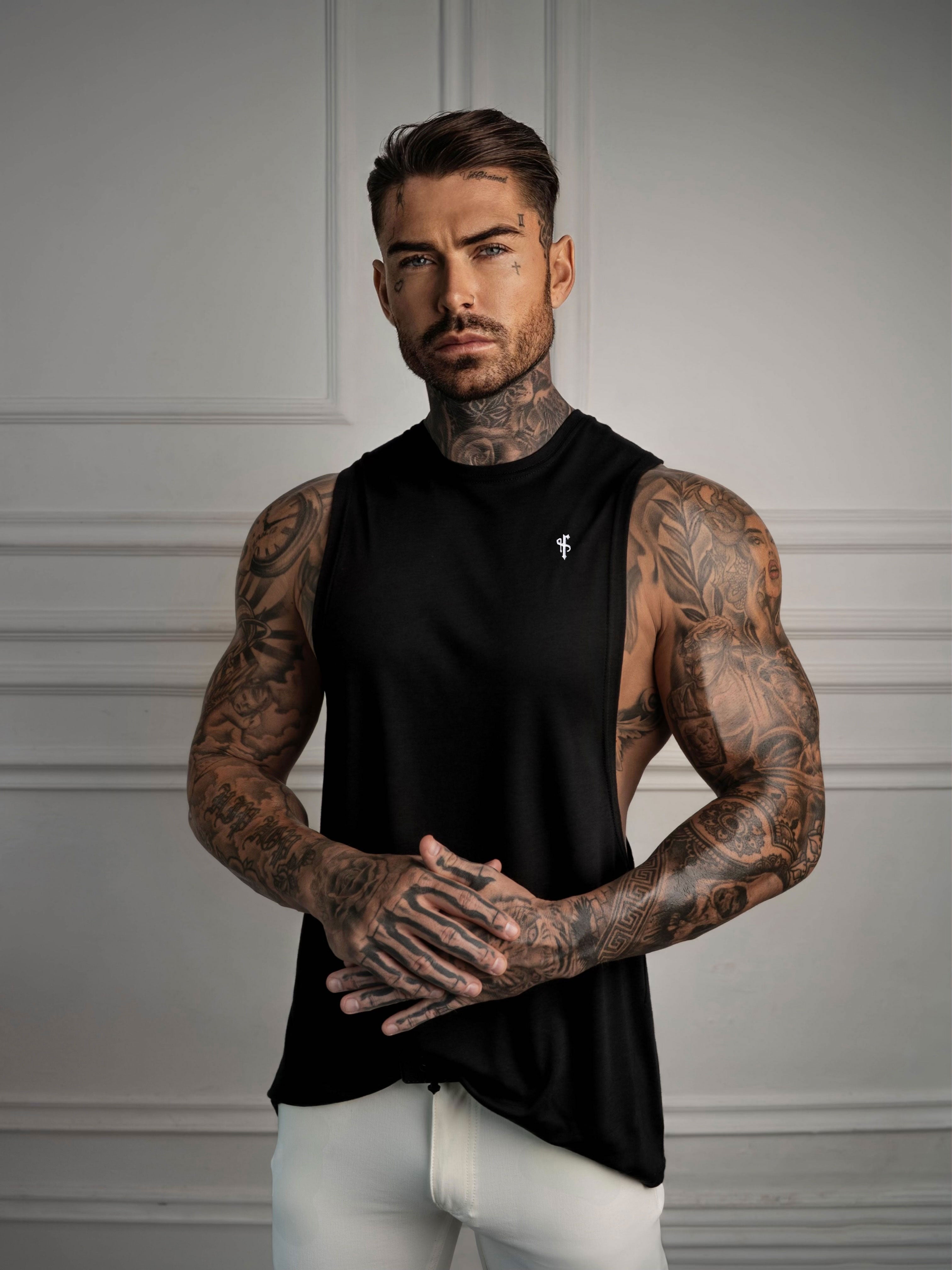 Classic Bamboo Dropped Armhole Black / White Vest - FSH1488