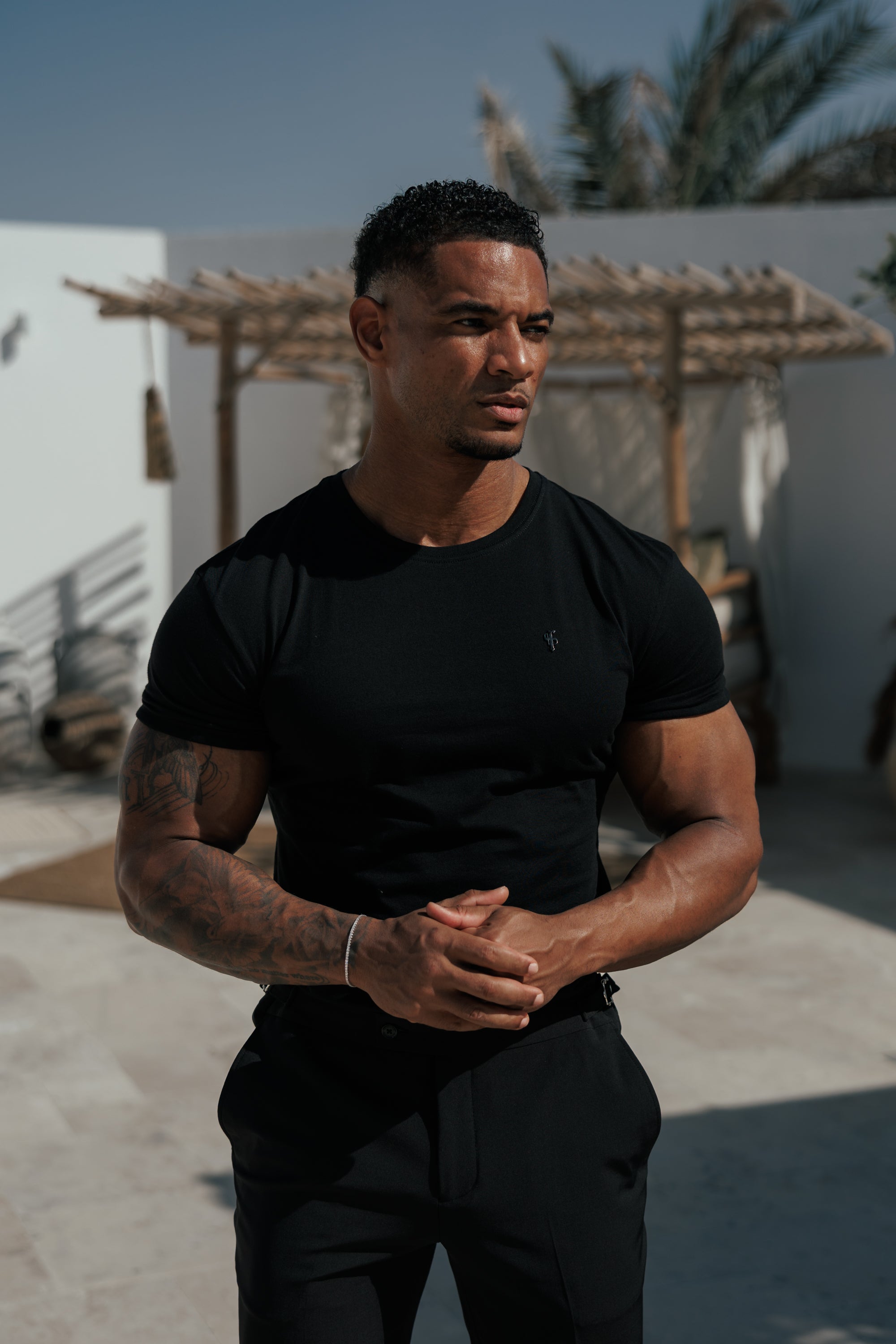 Black Crew Tshirt with Black Metal Emblem Decal FSH1454