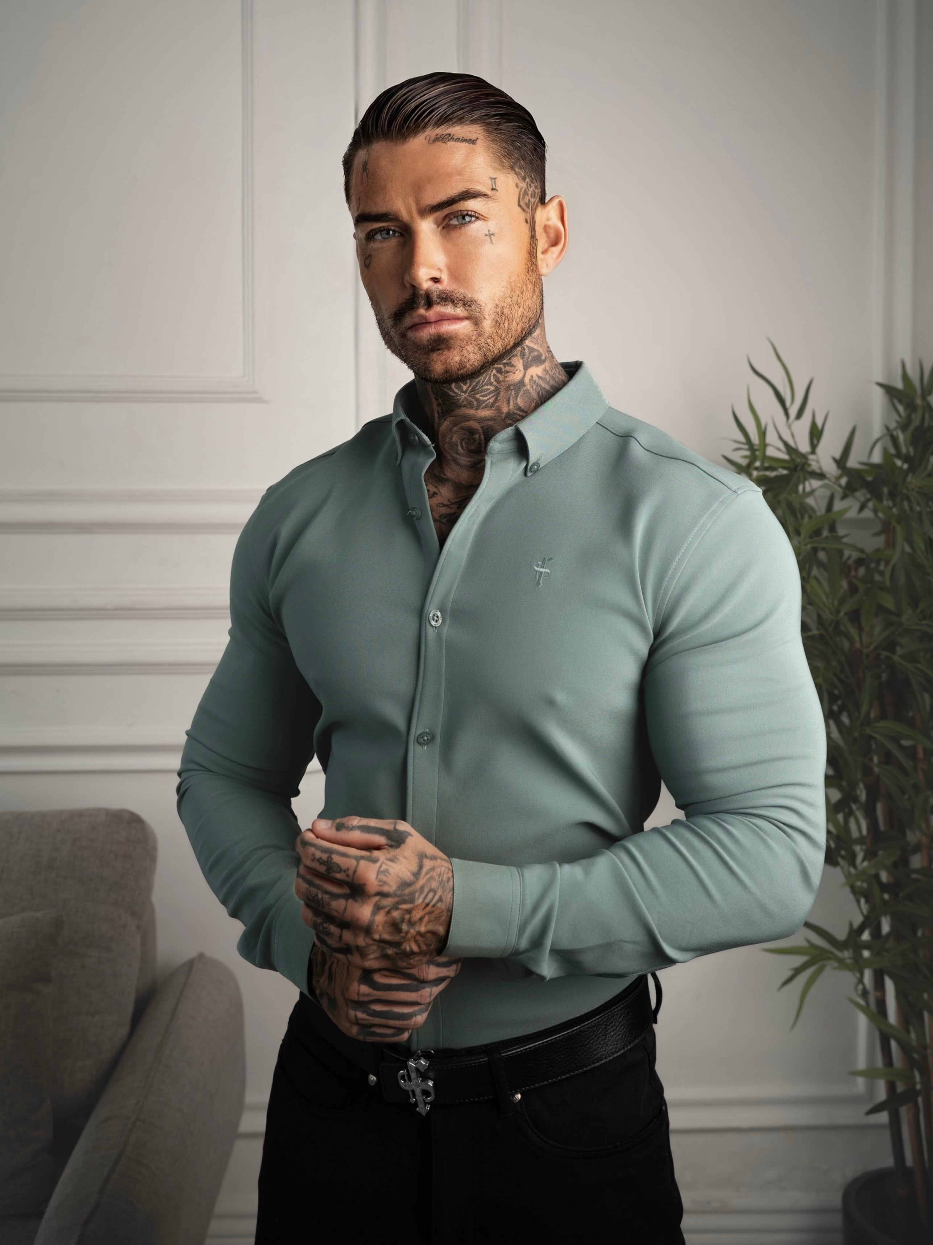 Super Slim LS Olive Scuba with Button Down Collar - FS1187