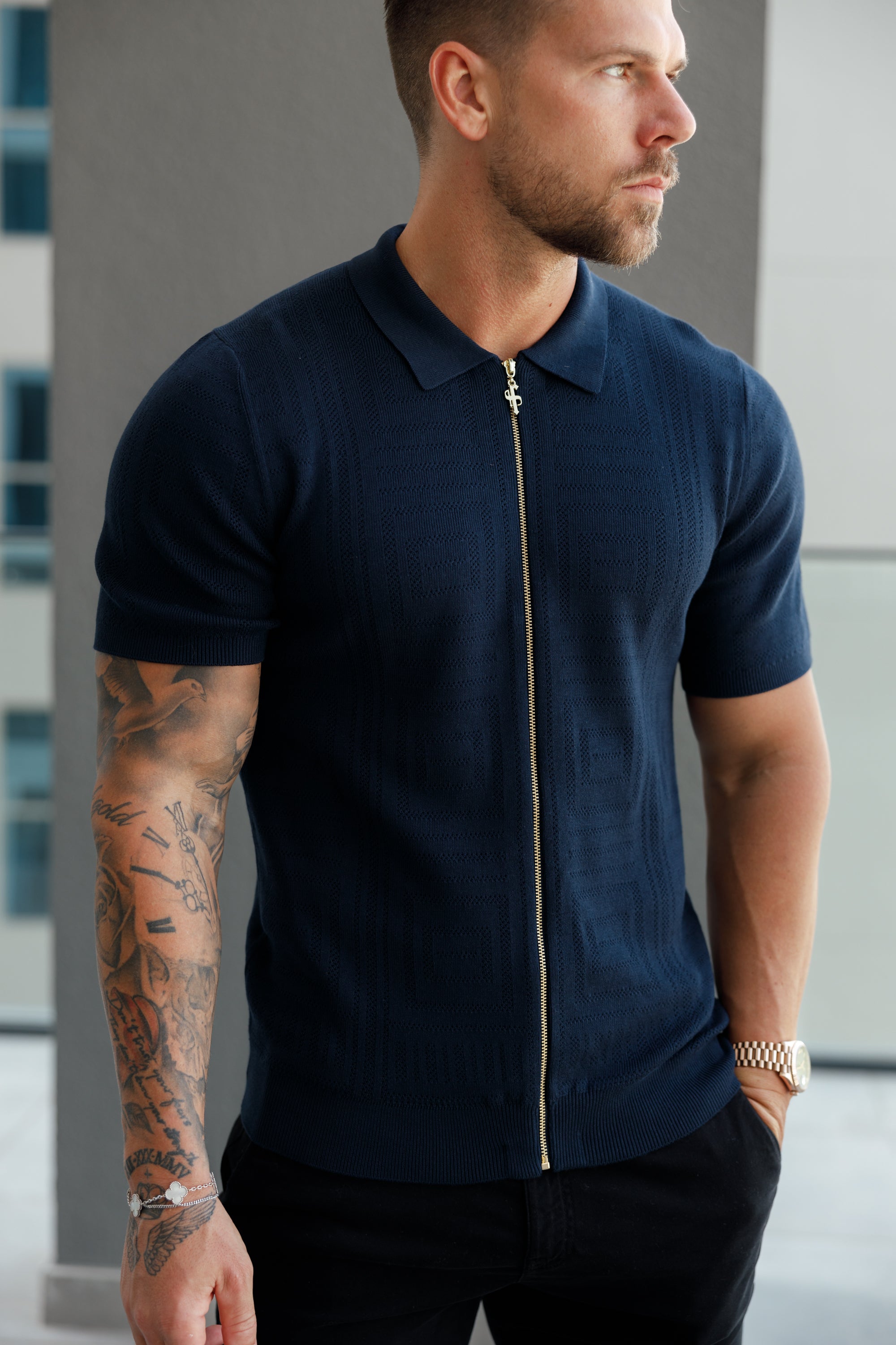 Classic Knitted Geo Design With Full Length Zip Navy Short Sleeve - FSN149