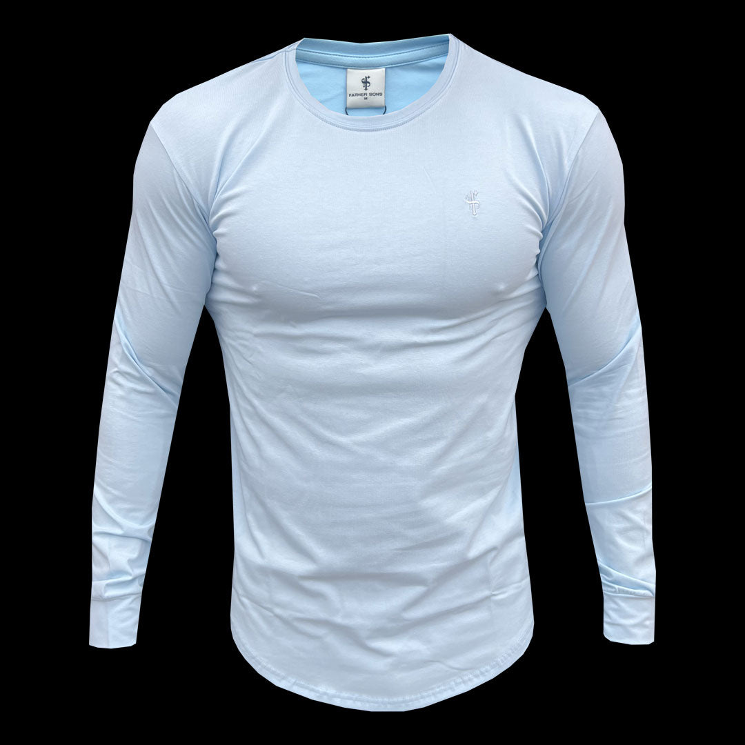 Classic Baby Blue Tonal Curved Hem Long Sleeve Crew T Shirt - FSH999