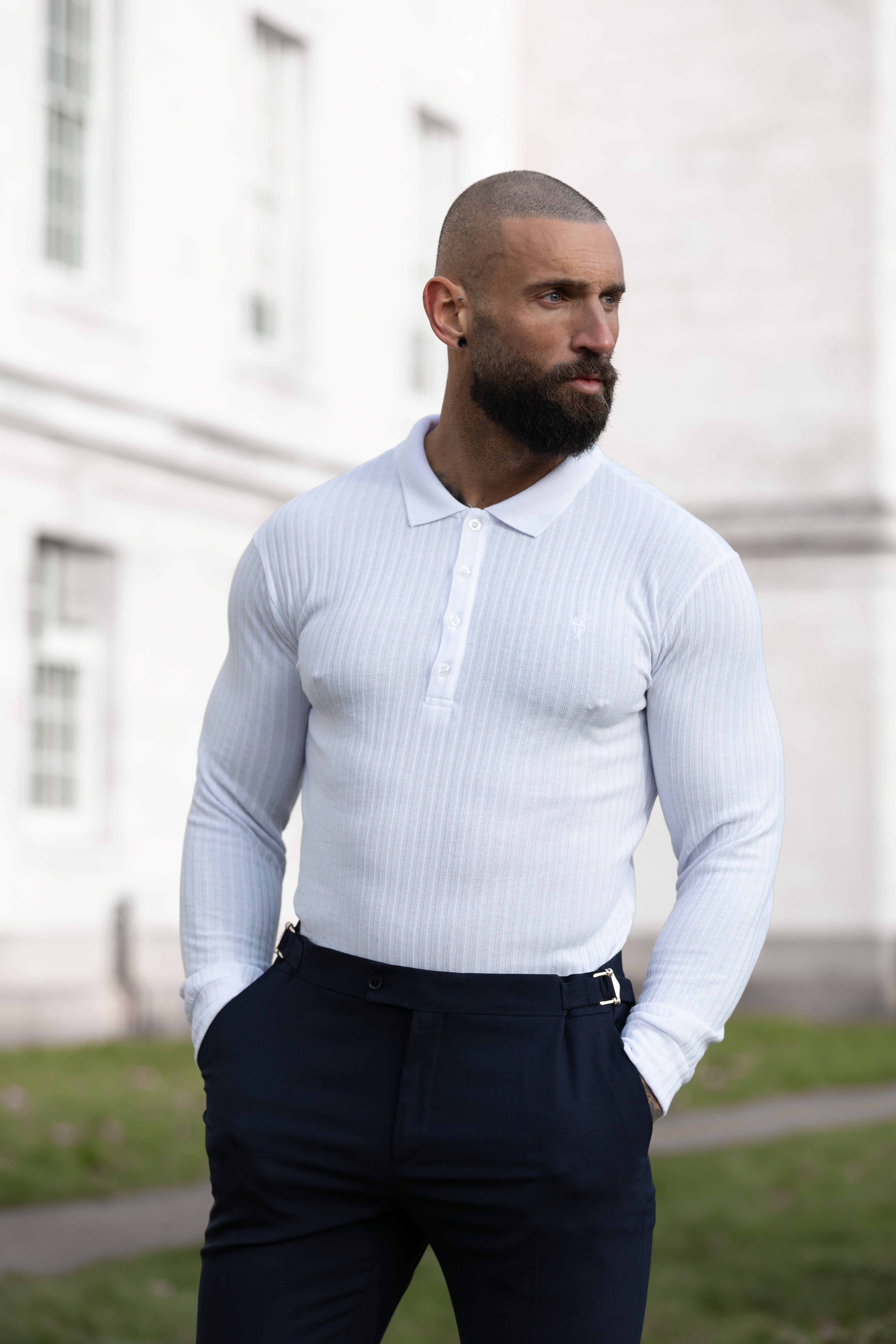 Classic White Ribbed Polo Shirt Long Sleeve - FSH974