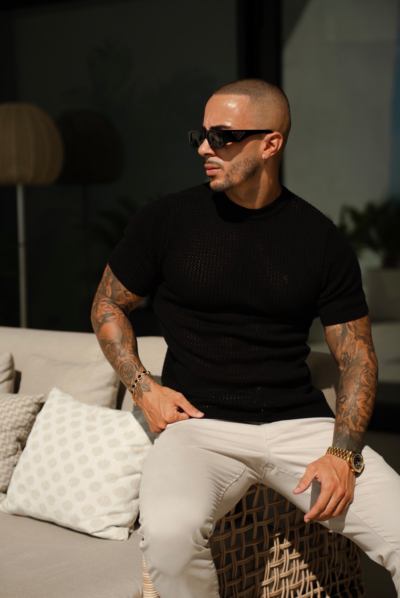 Black Crochet Viscose Plain Knitted Short Sleeve T-Shirt - FSJ183