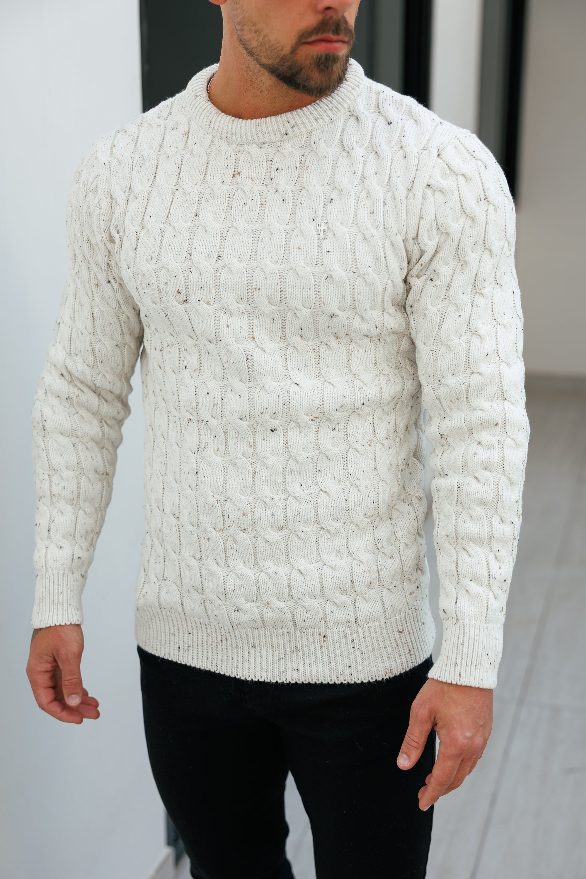 Link Weave Knit Beige Fleck Crew Neck Jumper - FSJ128