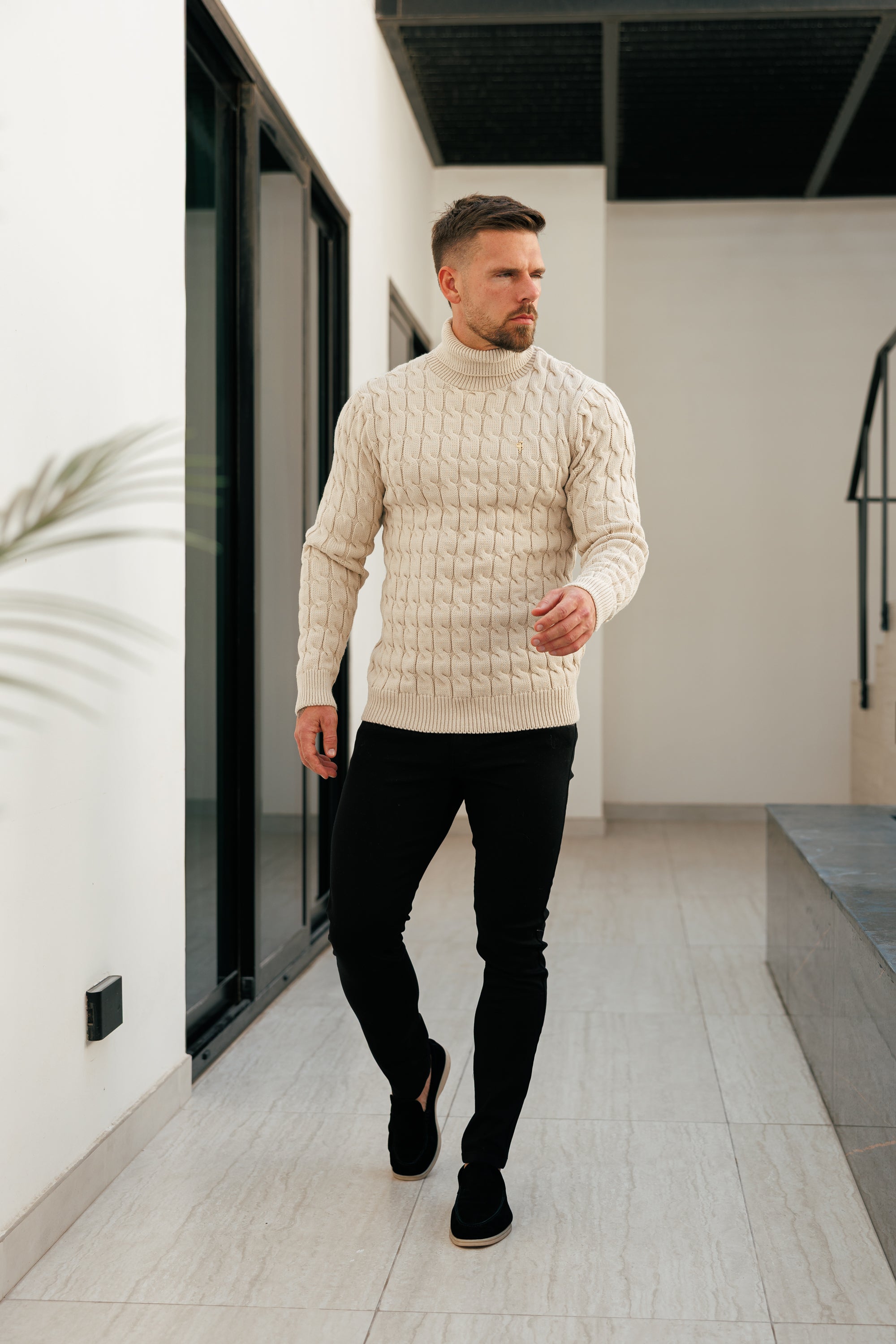 Link Weave Knit Beige Roll Neck Jumper - FSJ100