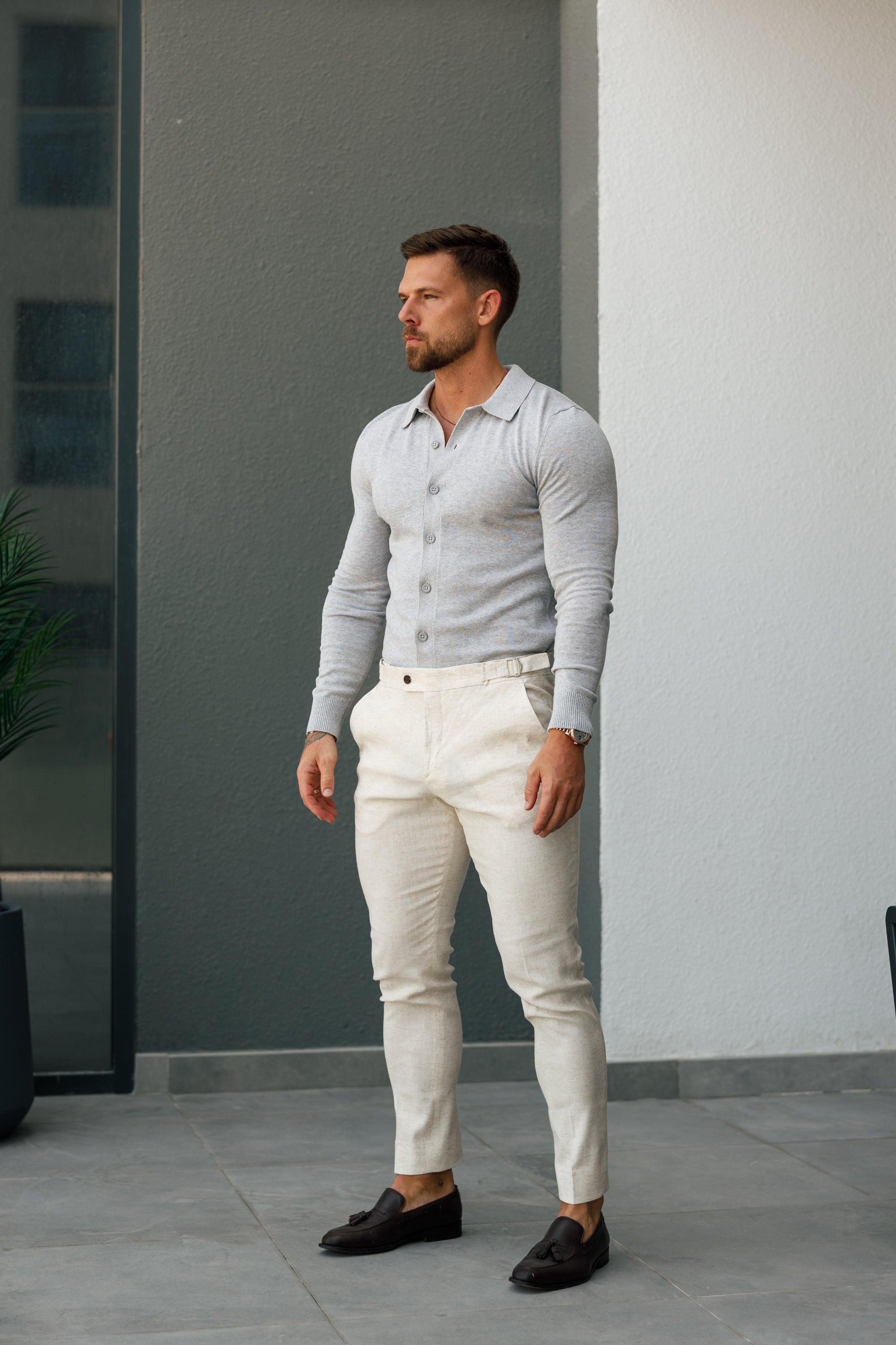 Slim Formal Cream Linen Trousers With Side Adjusters - FST020 (PRE ORDER 24TH SEPTEMBER)