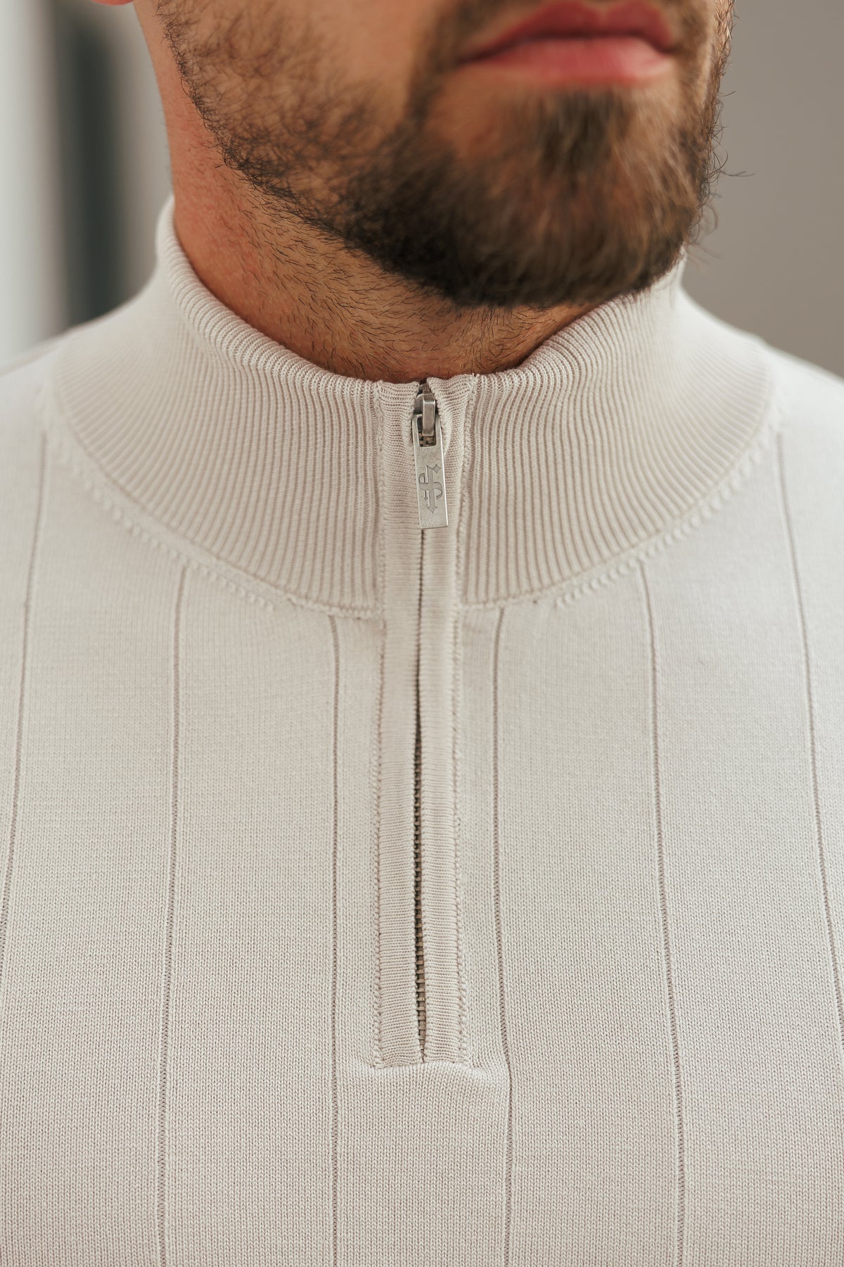 Self Stripe 1/4 Zip Funnel Neck Knit Jumper Cream Long Sleeve - FSR052