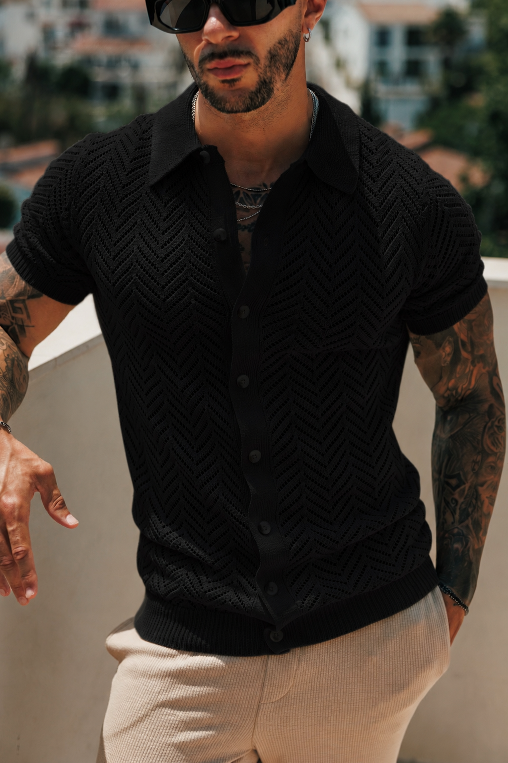 Black Chevron Perforated Shirt Short Sleeve - FSA013 (PRE ORDER 31ST AUGUST)
