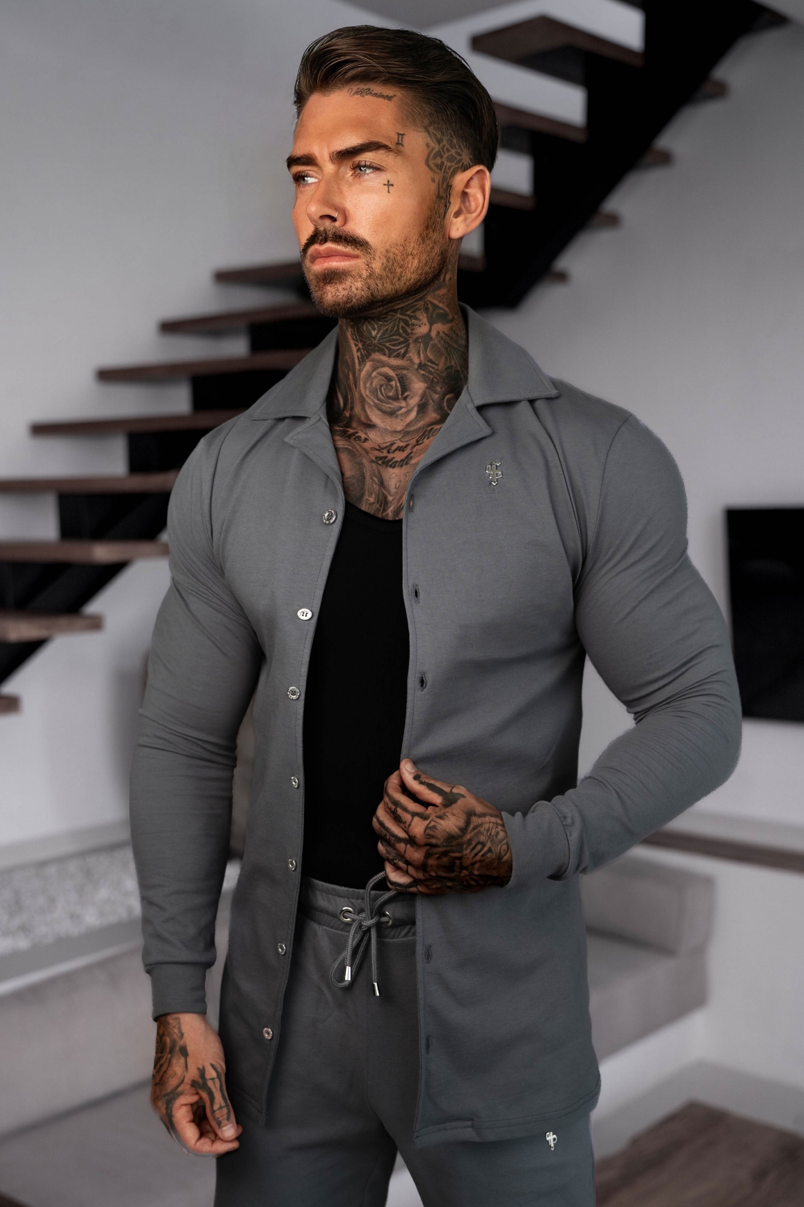 Stretch Charcoal Pique Revere Shirt Long Sleeve - FSH1354