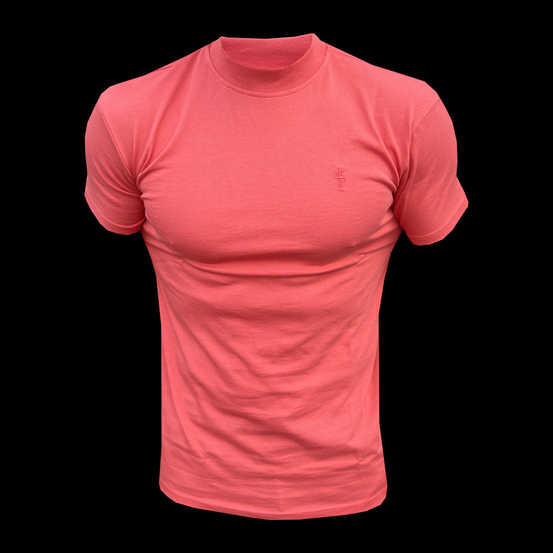 Ribbed High Neck Crew Short Sleeve Coral - FSH1143