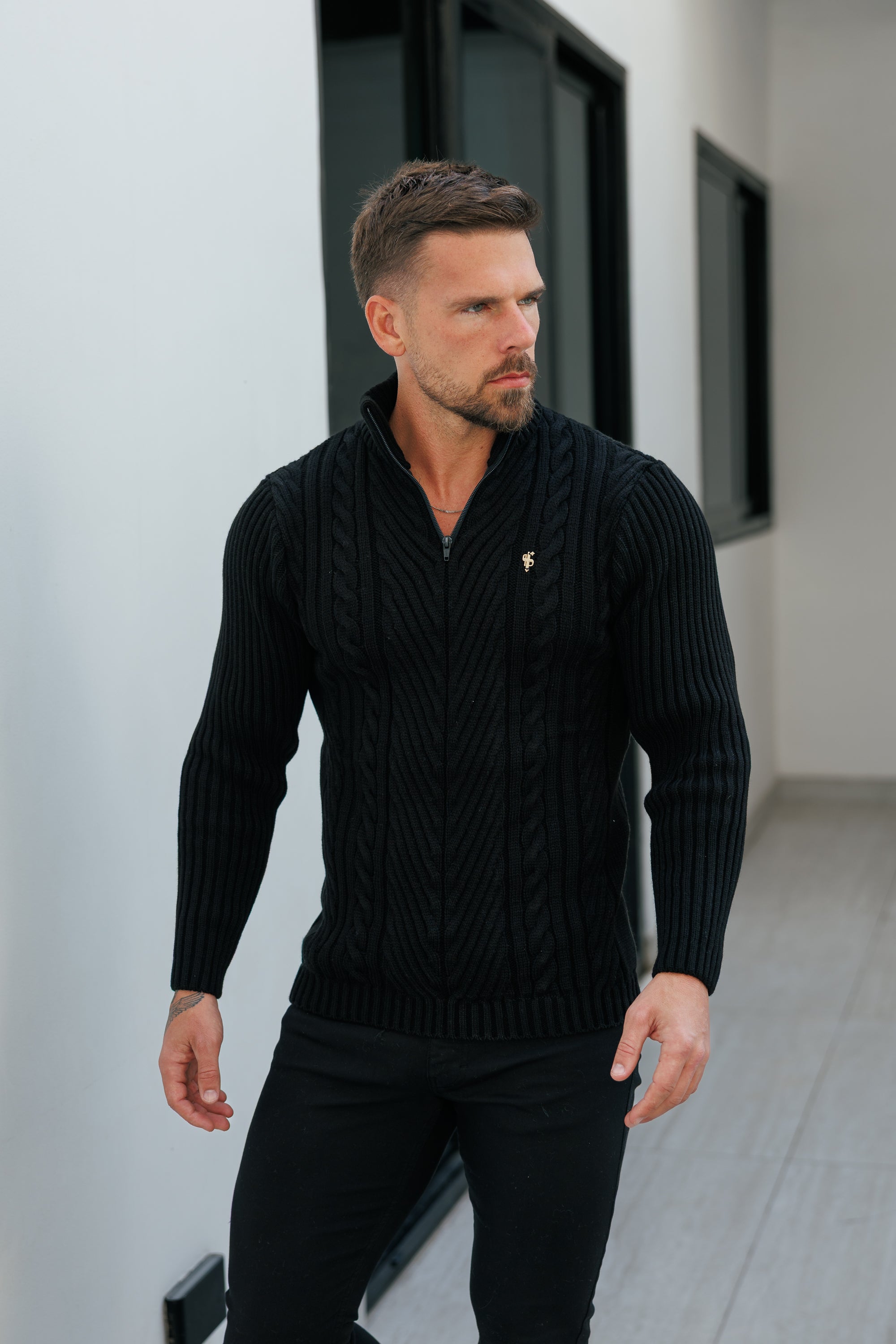 Funnel Neck Jumper with Quarter Zip Black - FSJ155