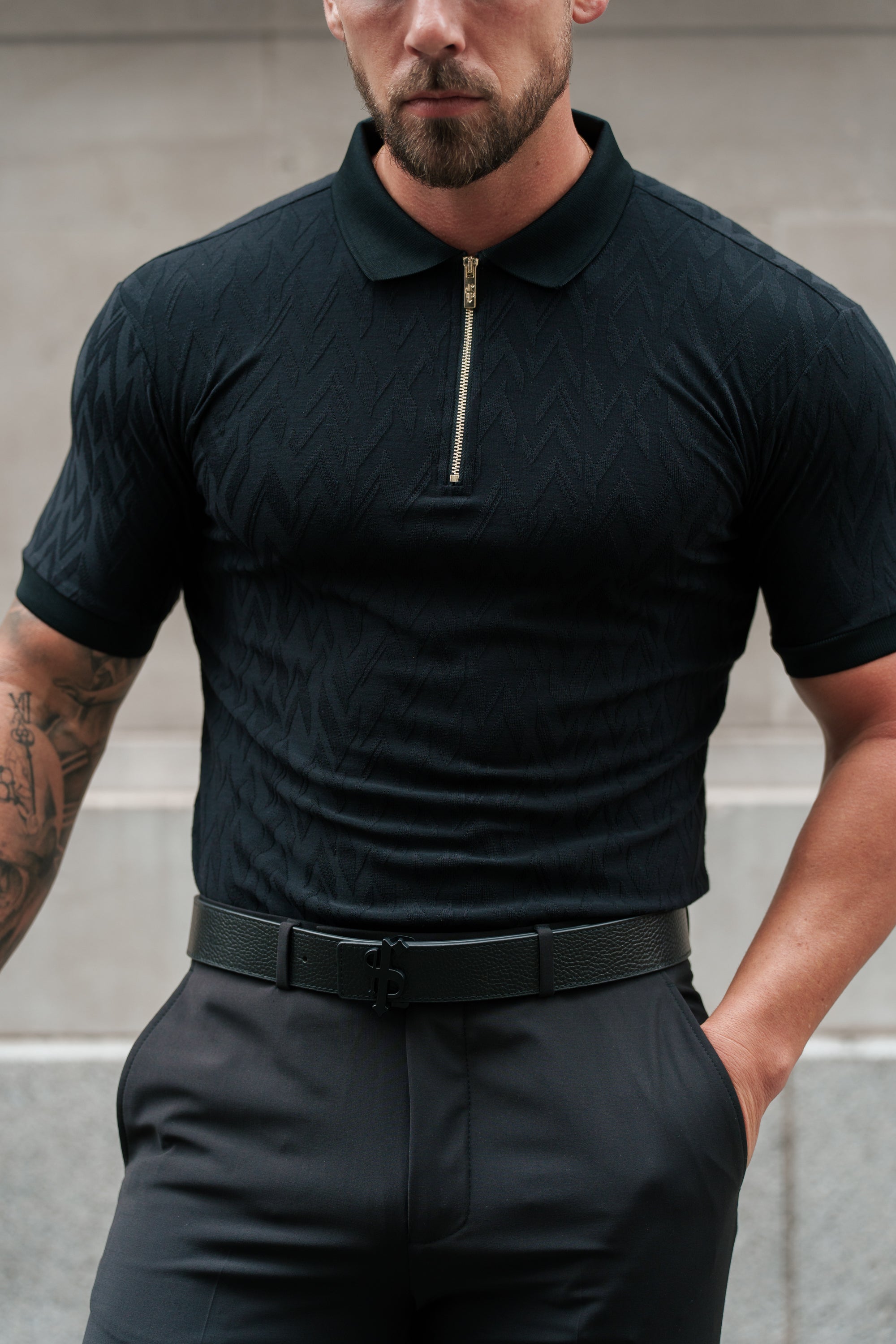 Classic Jacquard Black Chevron Zipped Polo - FSR019