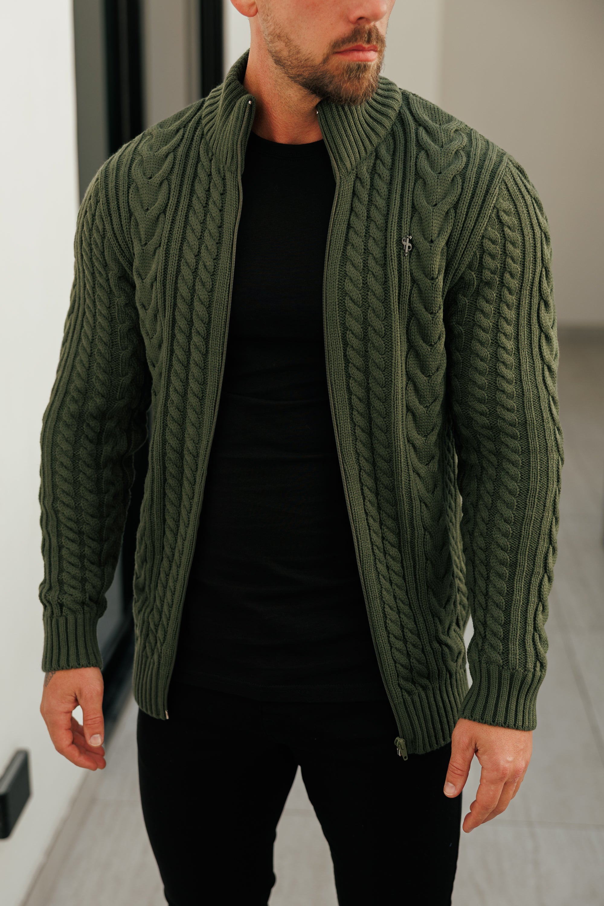 Chunky Zipped Cardigan Olive - FSJ151