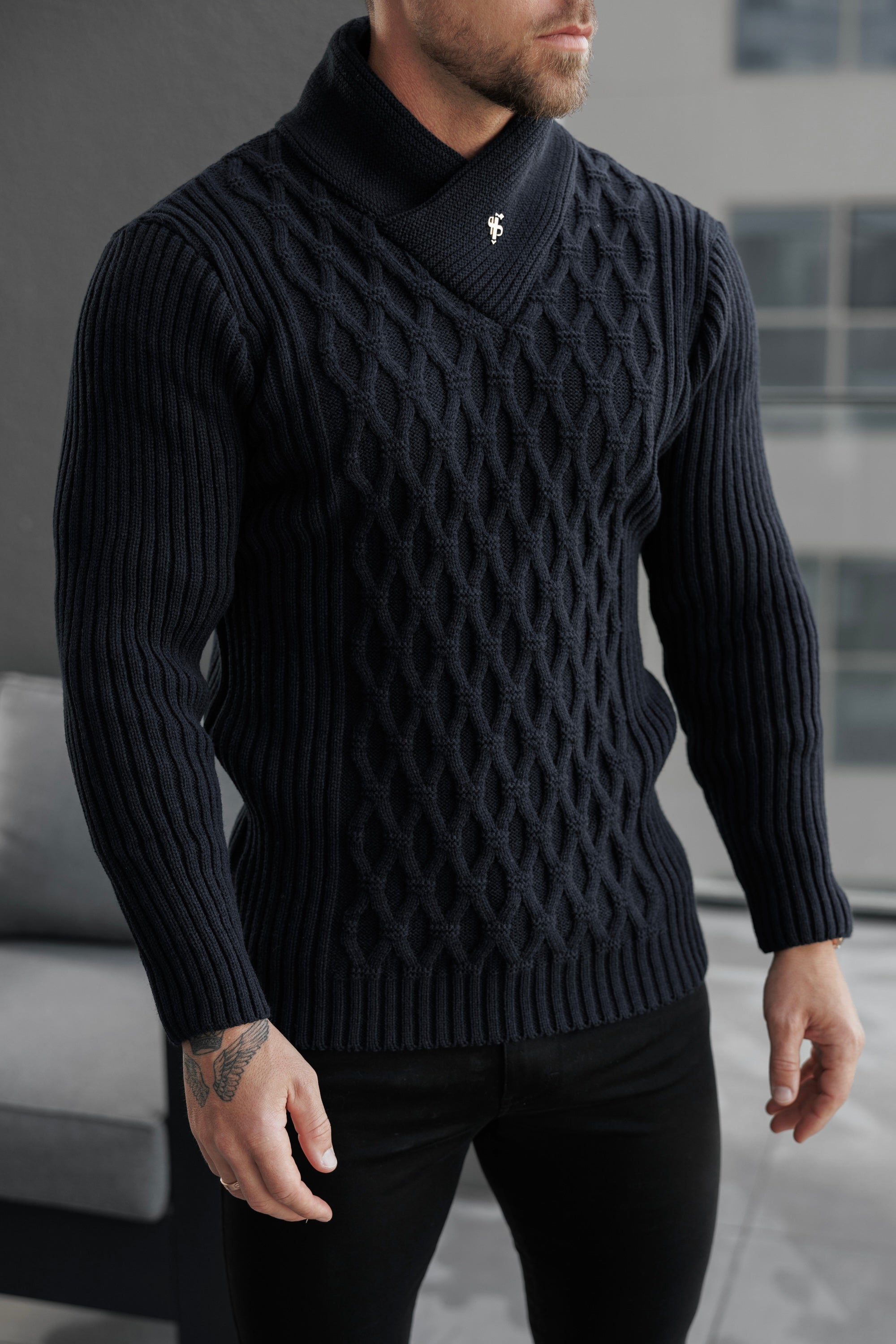Father Sons Chunky Cable Knit Black Sweater - FSJ002