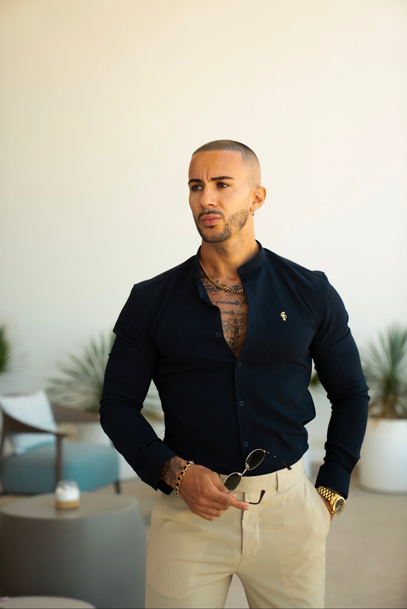 Super Slim Scuba Navy Long Sleeve Stretch With Grandad Collar With Gold Decal - FS1265