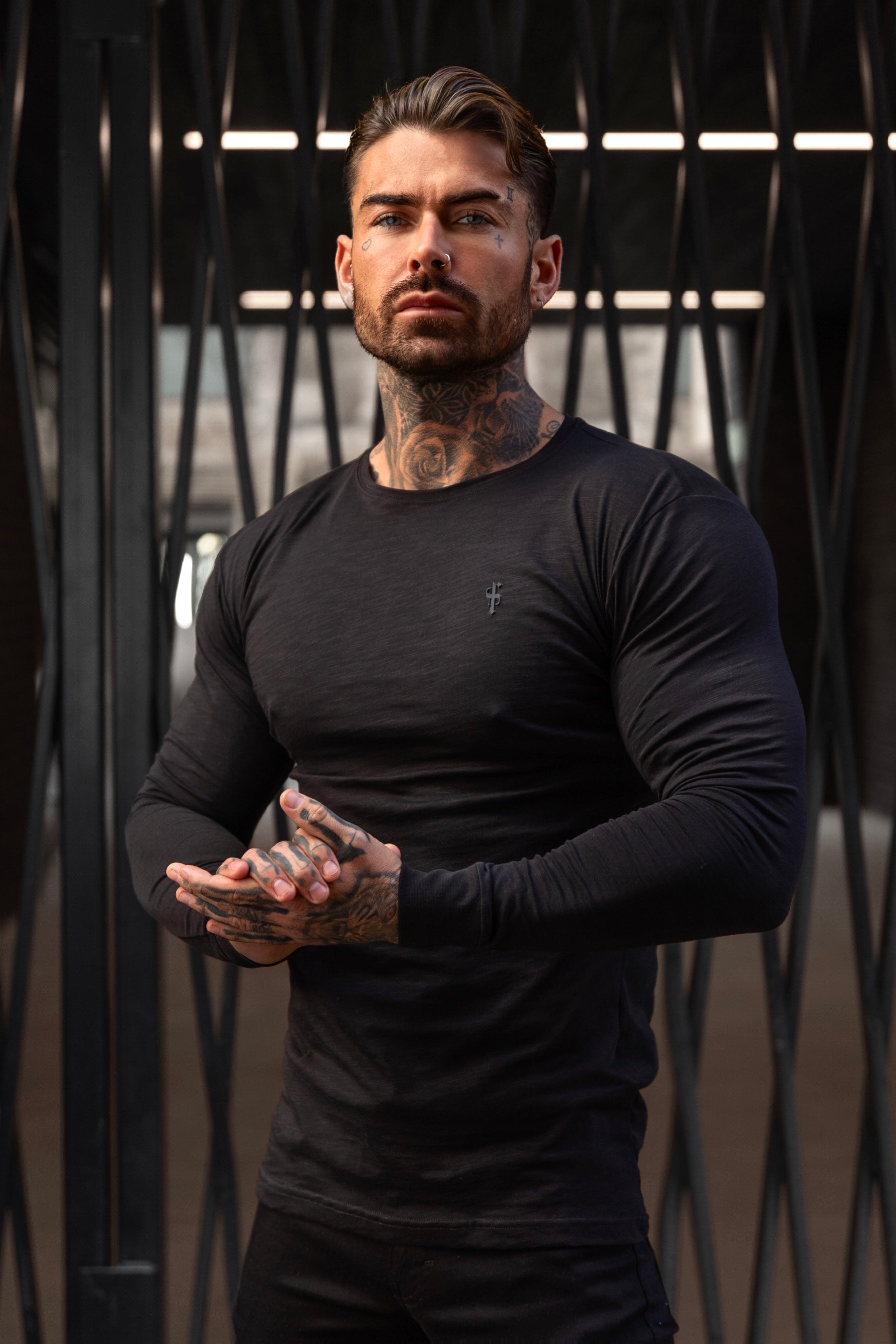 Black Slub Crew Long Sleeve With Cuff