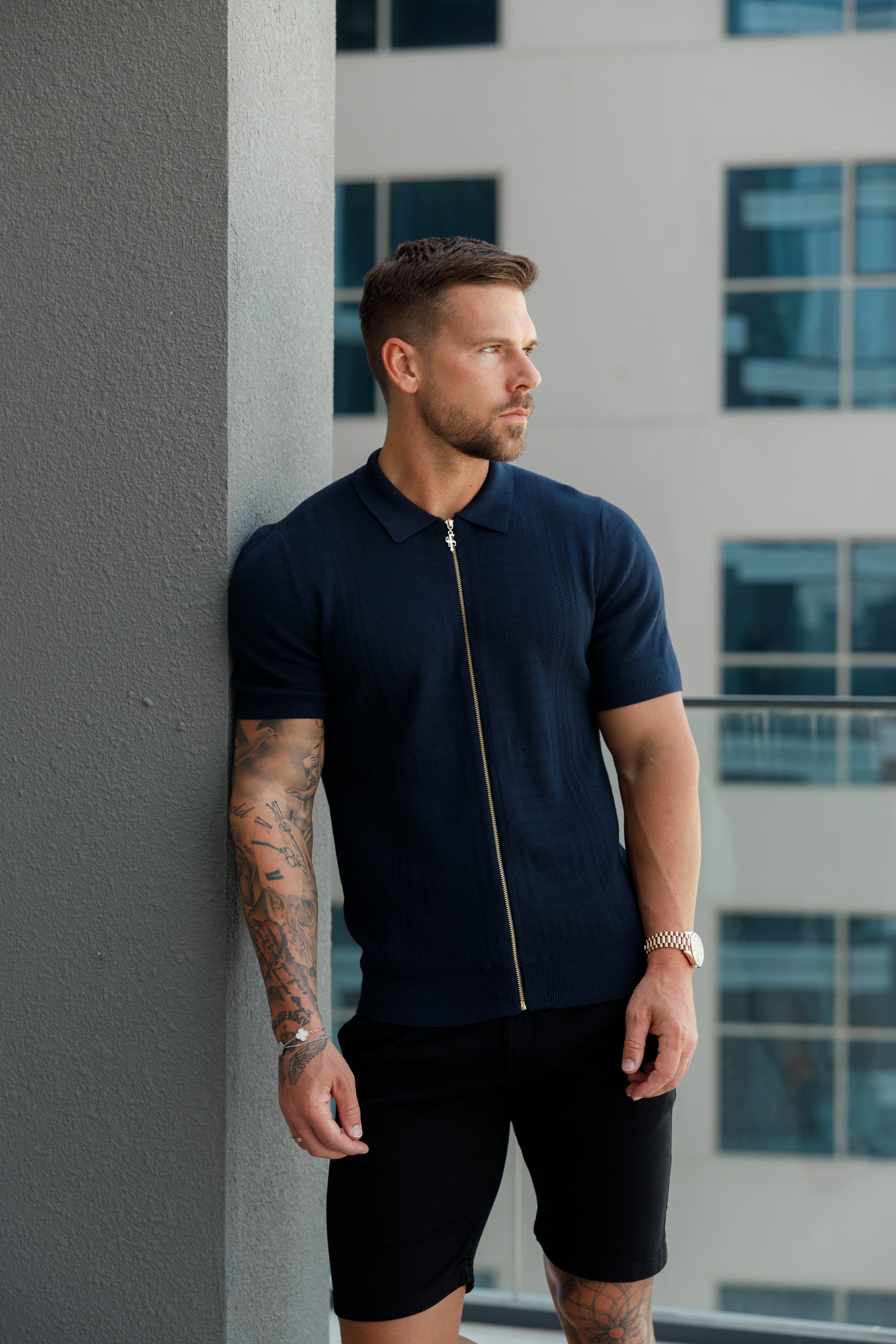 Classic Knitted Geo Design With Full Length Zip Navy Short Sleeve - FSN149