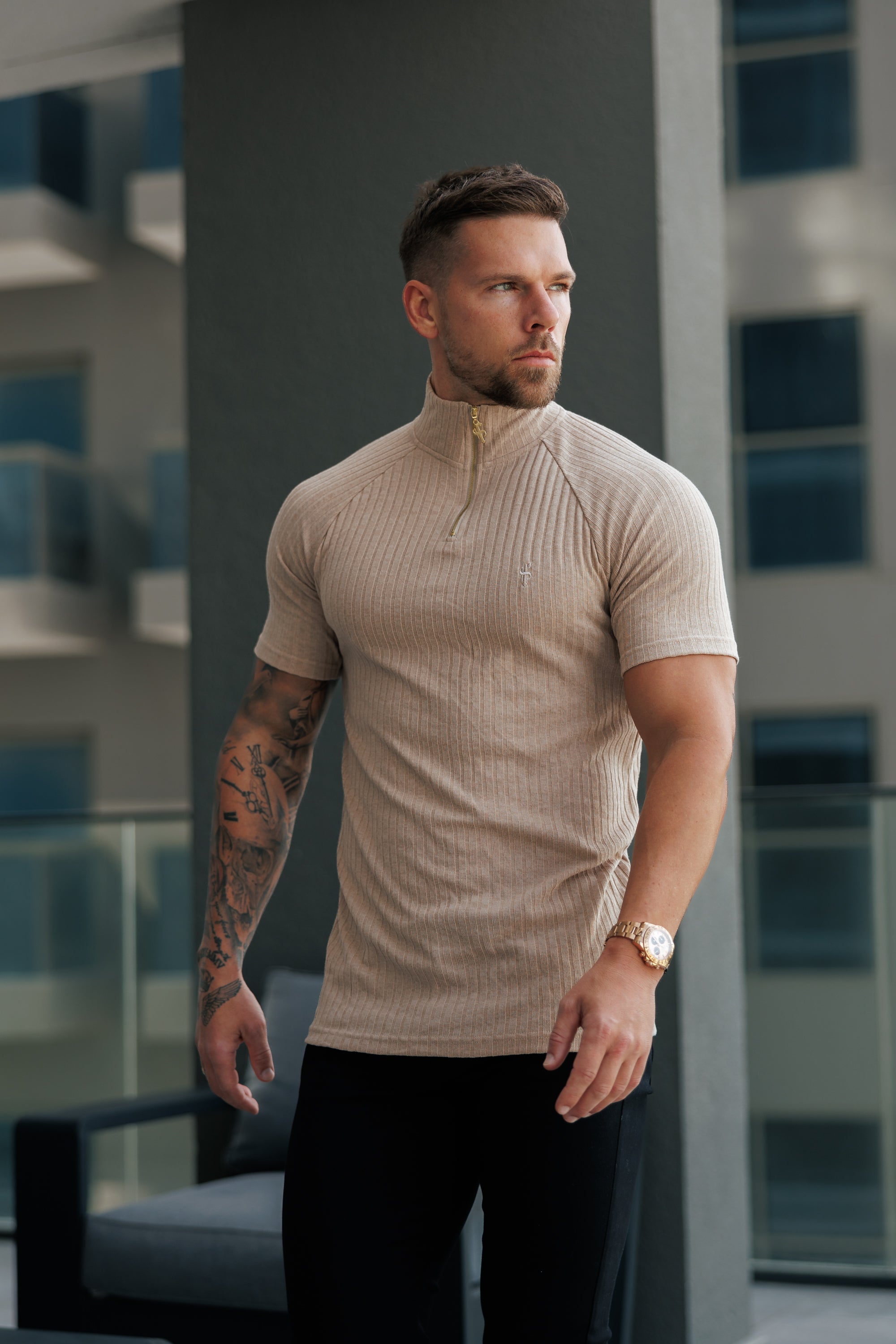 Classic Beige Ribbed Zip Funnel Neck Raglan Short Sleeve Crew - FSH1292