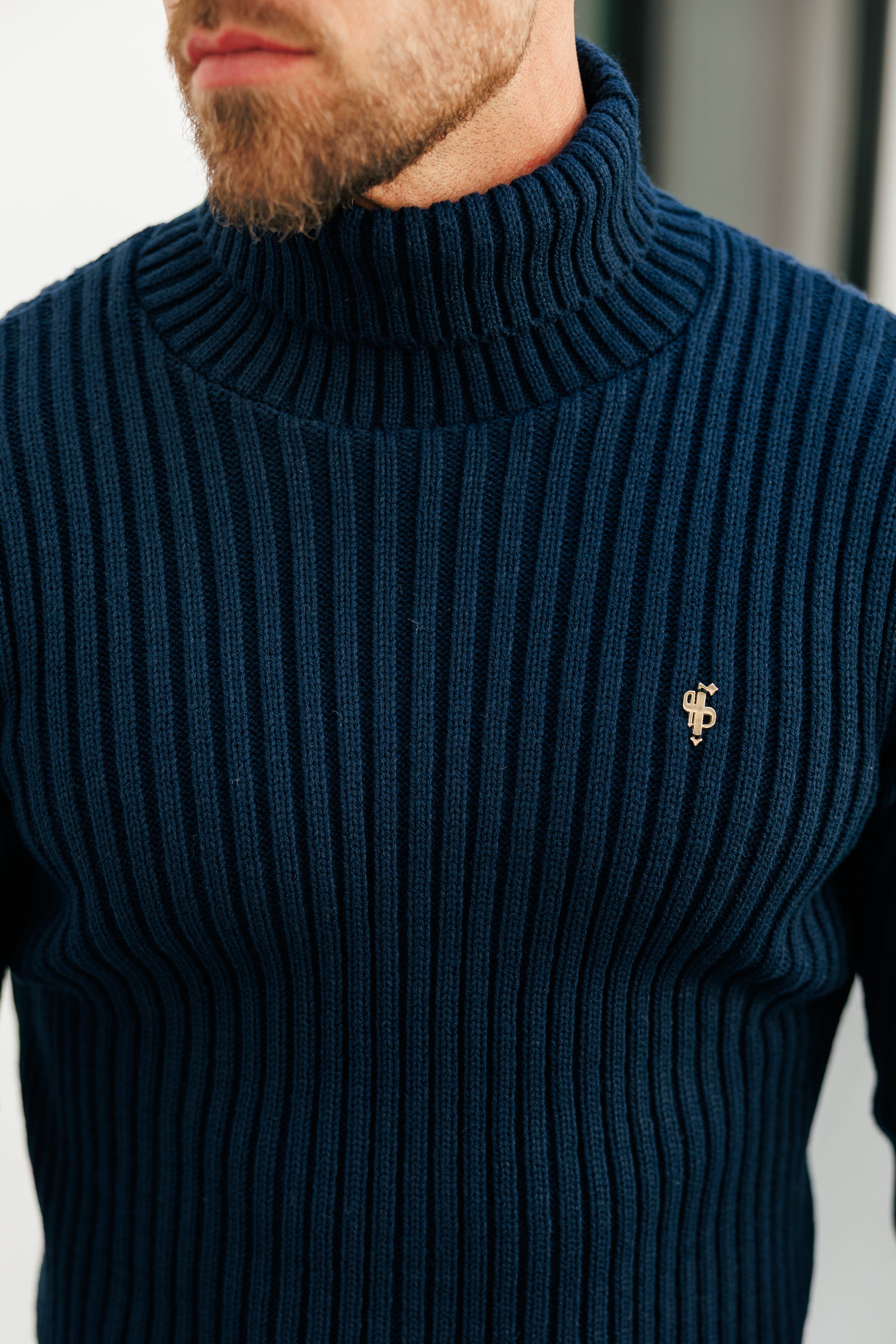 Ribbed Knit Navy Roll Neck Jumper - FSJ115