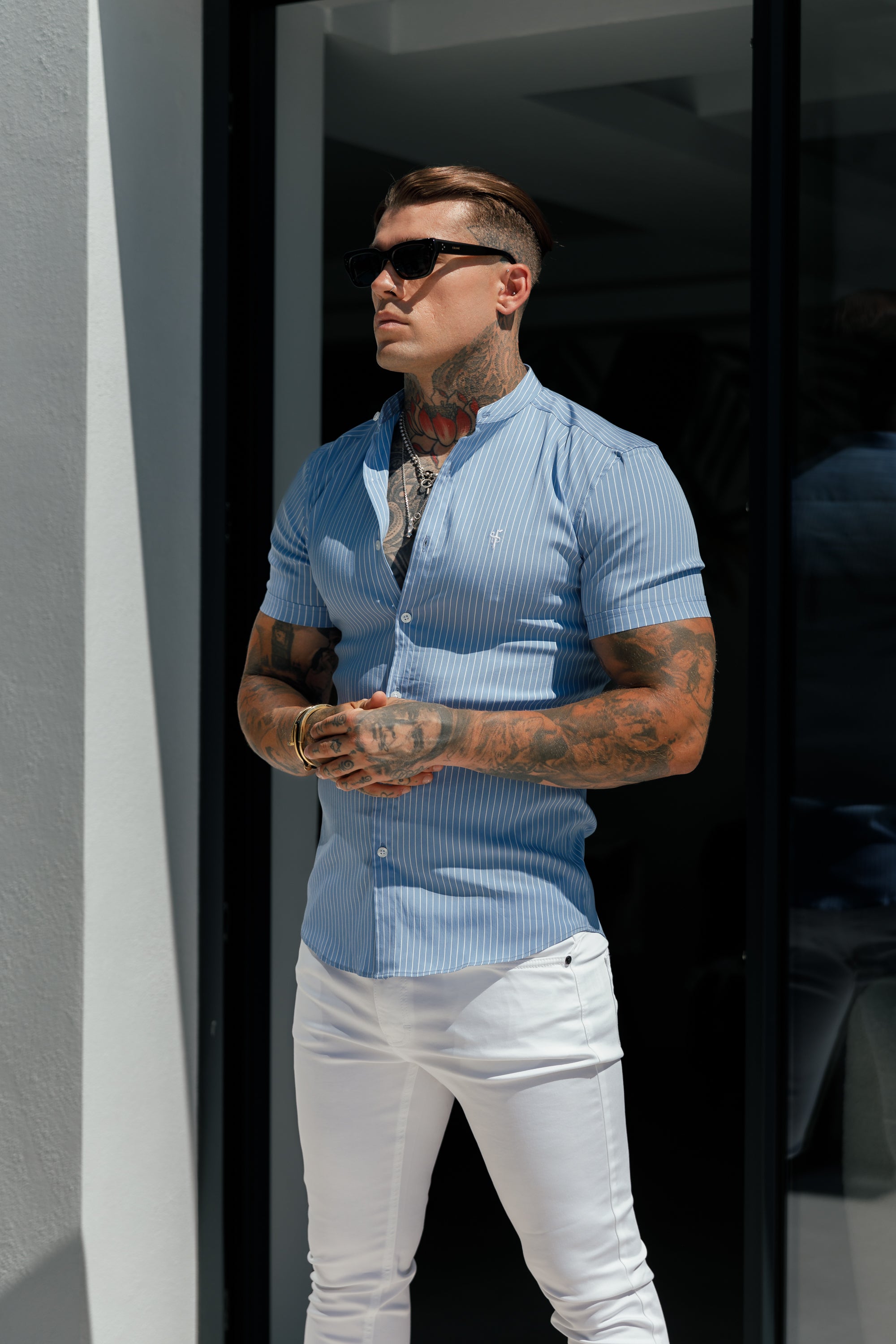 Super Slim Stretch Light Blue Printed Pinstripe Short Sleeve with Grandad Collar - FS1060