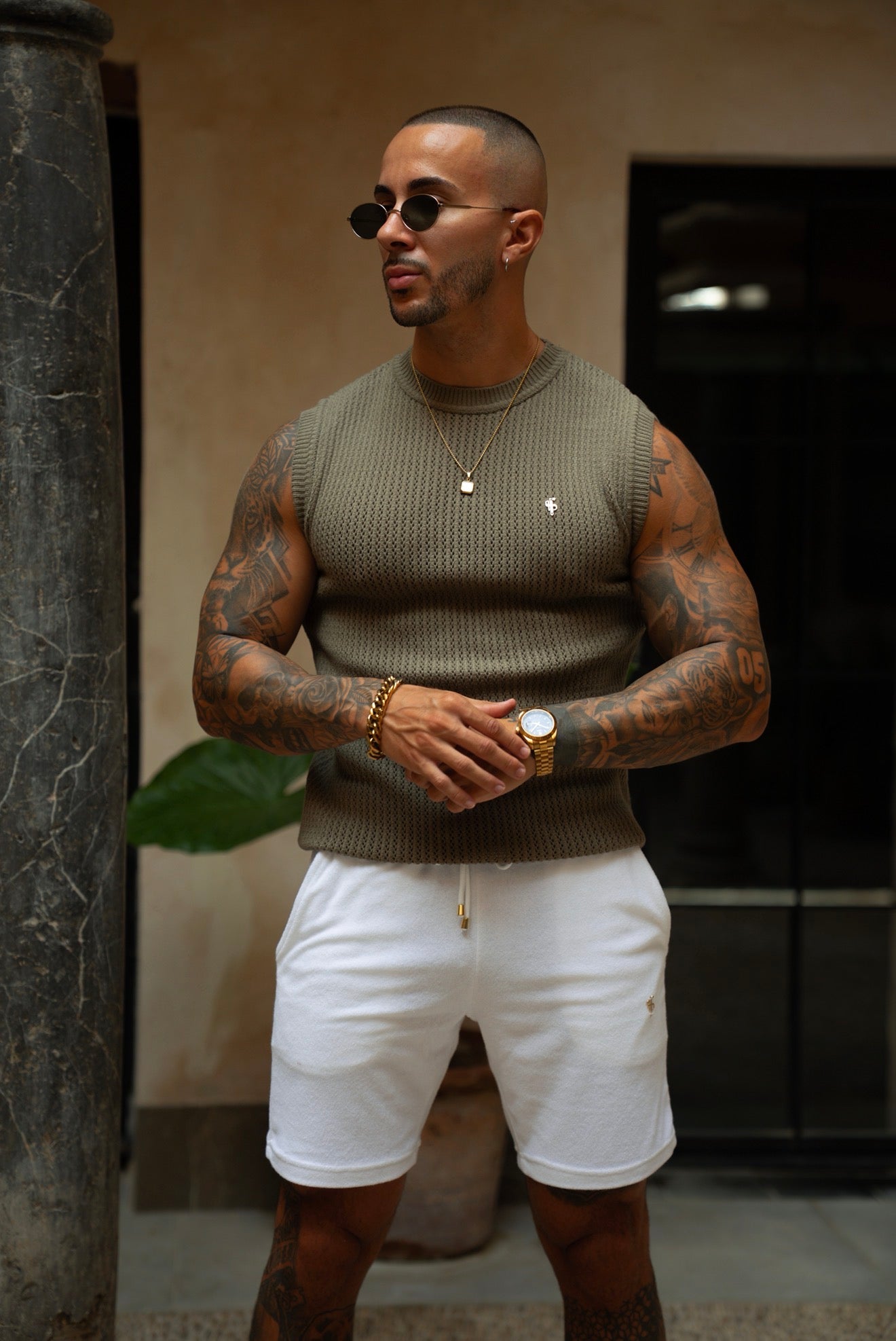 Dark Khaki / Silver Viscose Crochet Knitted Vest - FSJ193