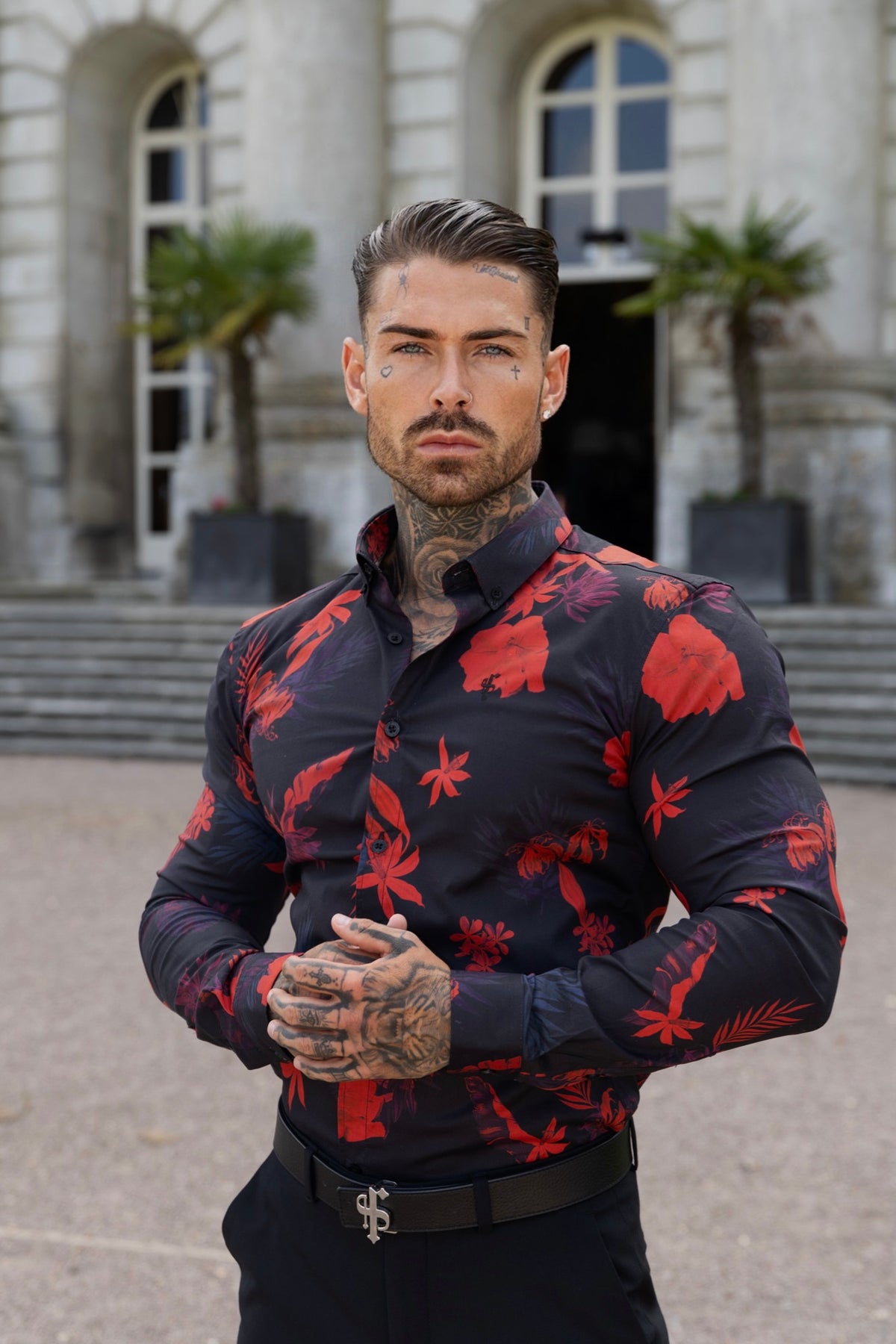Super Slim Stretch Black and Red Floral Print Long Sleeve with Button Down Collar - FS1274 (PRE ORDER 28TH OCTOBER)
