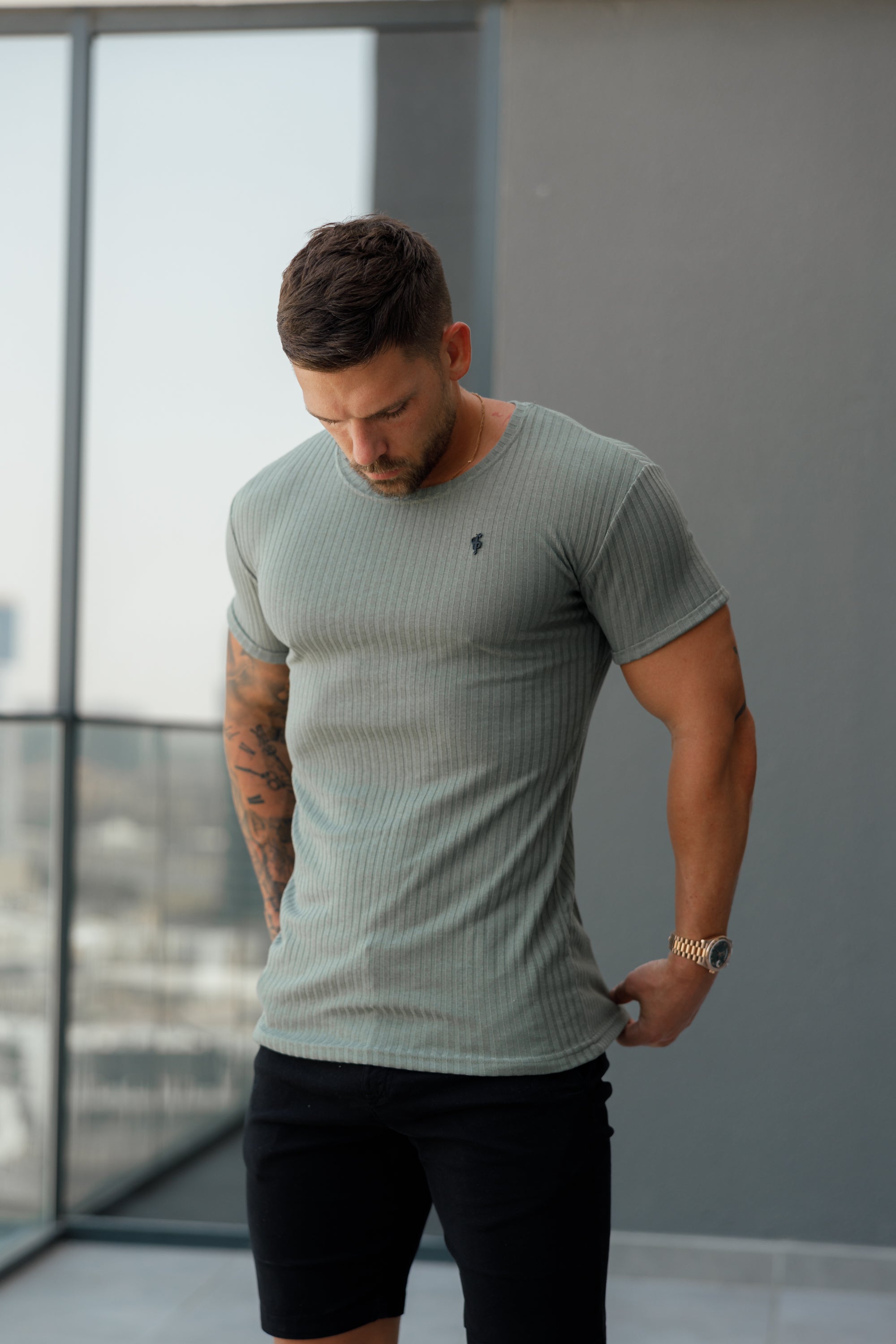 Classic Olive / Black Ribbed Knit Super Slim Short Sleeve Crew - FSH1089