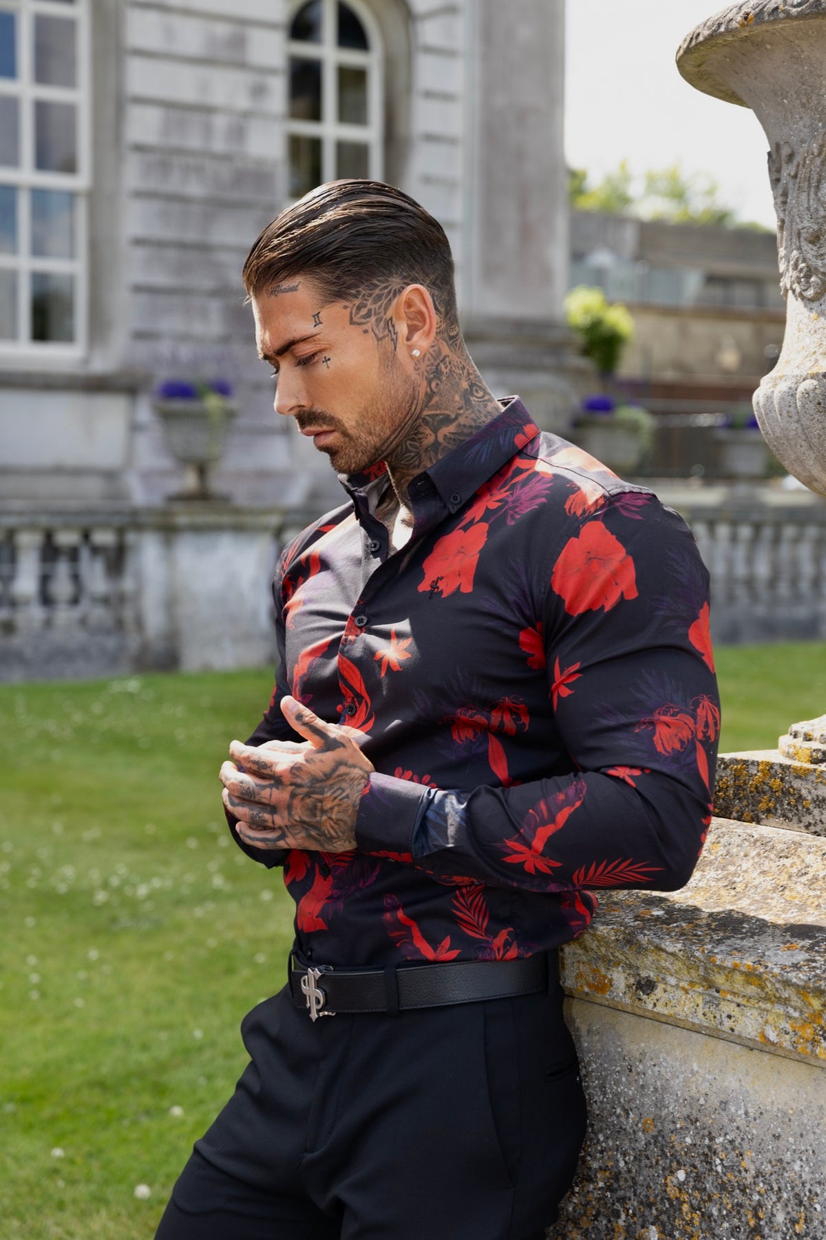 Super Slim Stretch Black and Red Floral Print Long Sleeve with Button Down Collar - FS1274 (PRE ORDER 28TH OCTOBER)