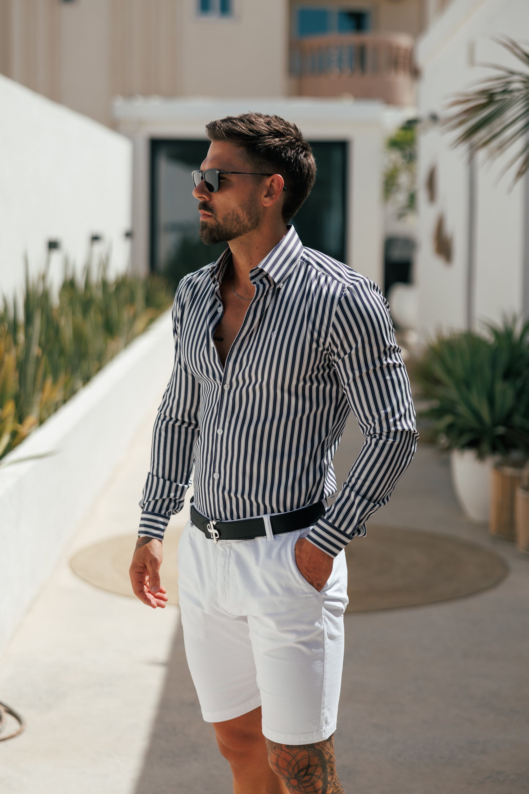 Super Slim Stretch Sateen Touch White / Navy Double Stripe Long Sleeve - FS1287 (PRE ORDER 28TH AUGUST)