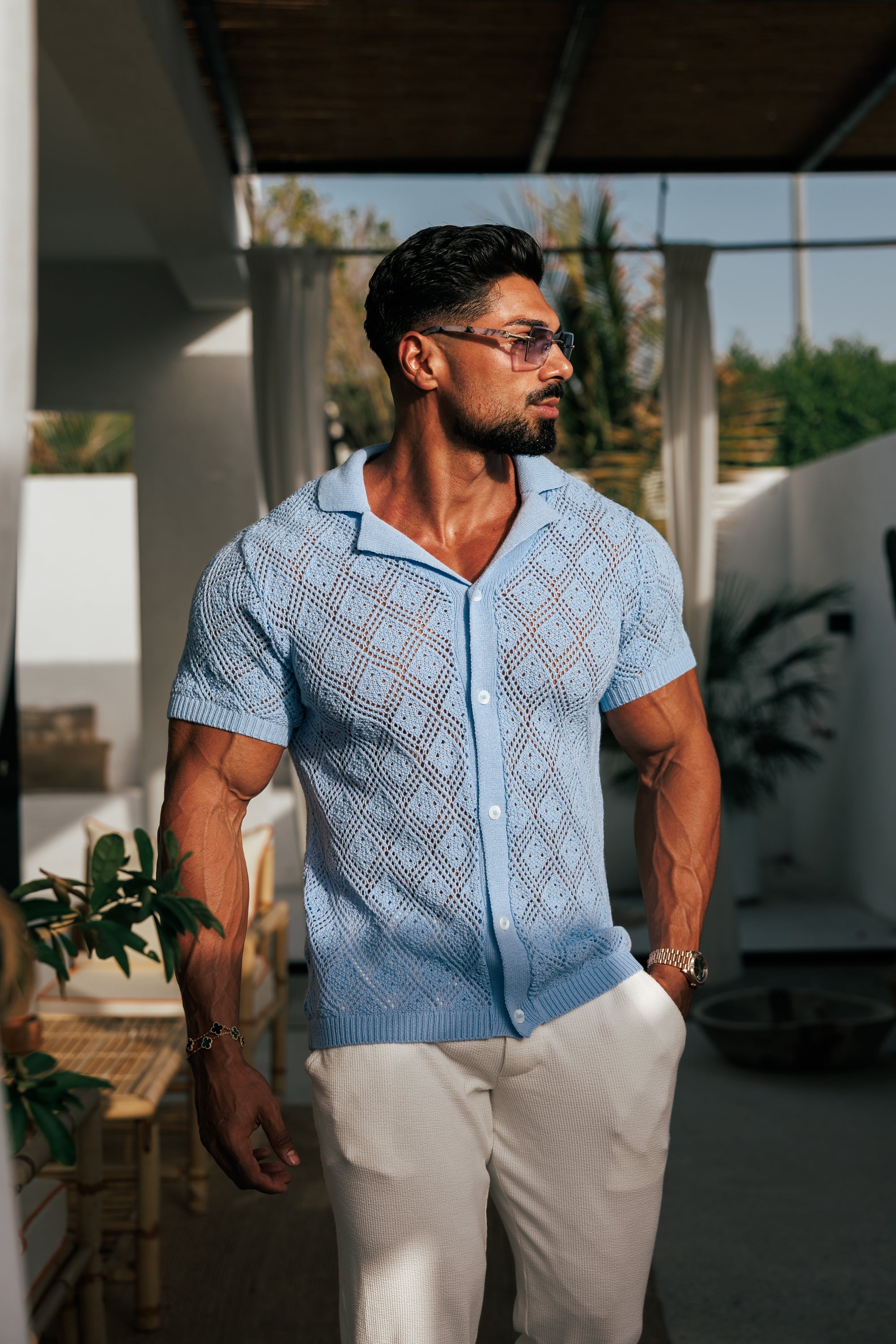 Crochet Shirt Morning Blue Short Sleeve - FSJ080