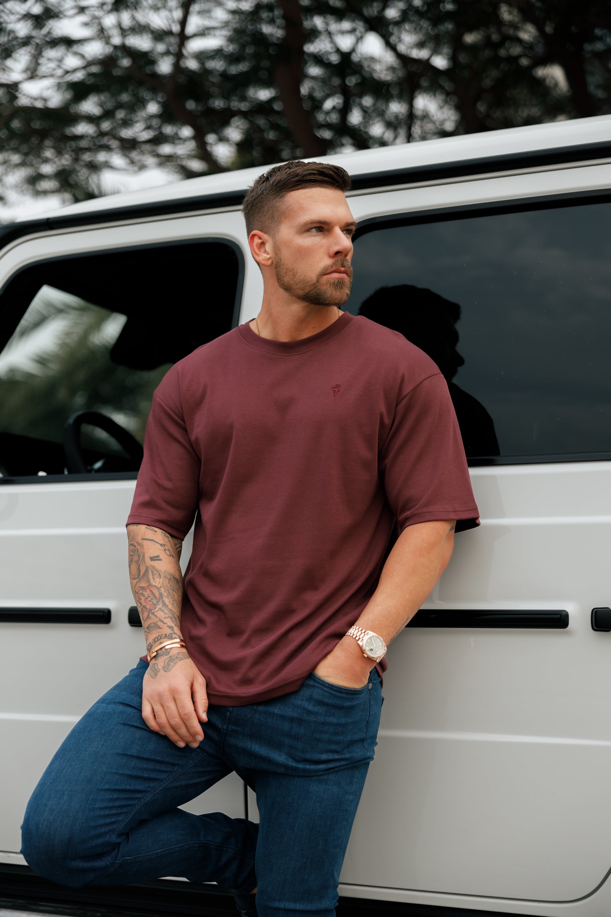 Classic Burgundy Oversized Crew T Shirt - FSH868