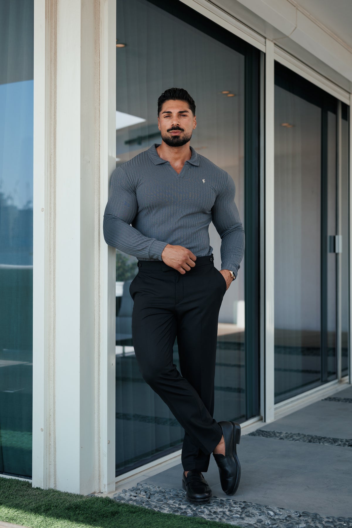 Charcoal / Silver Ribbed Revere Polo Shirt Long Sleeve - FSH1462