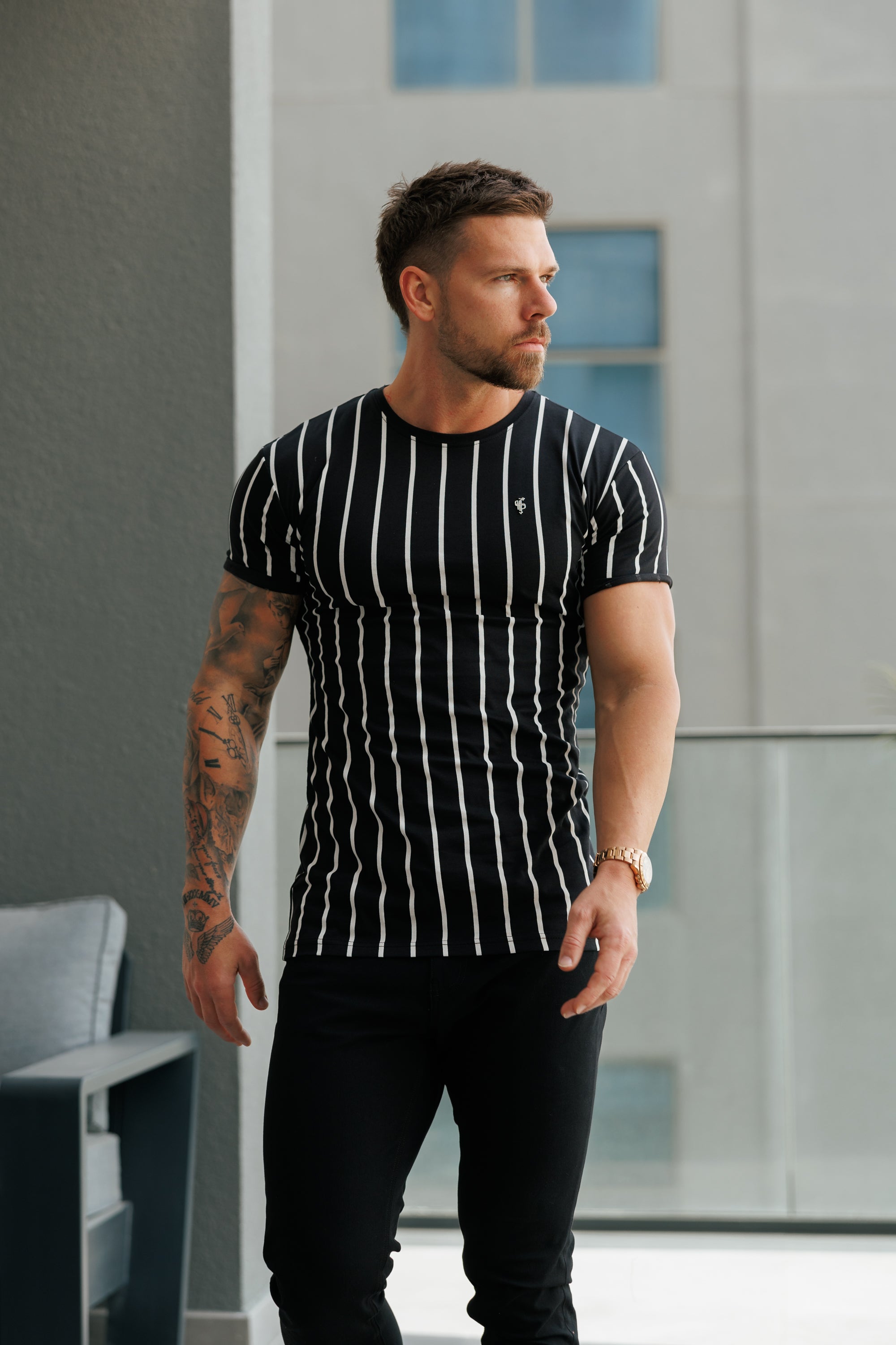 Printed Black / White Stripe Fitted T Shirt - FSH1167