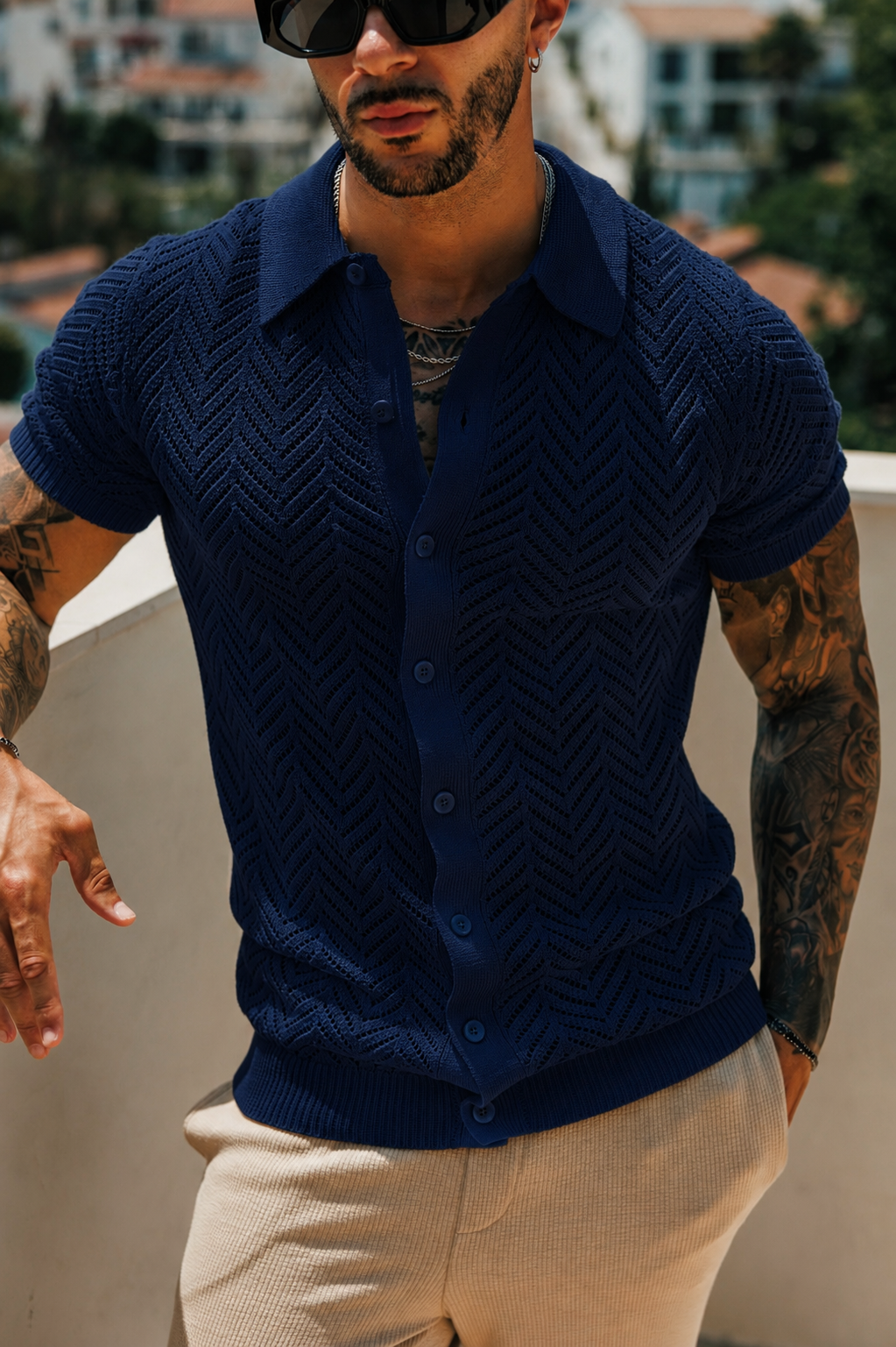 Navy Chevron Perforated Shirt Short Sleeve - FSA014 (PRE ORDER 31ST AUGUST)
