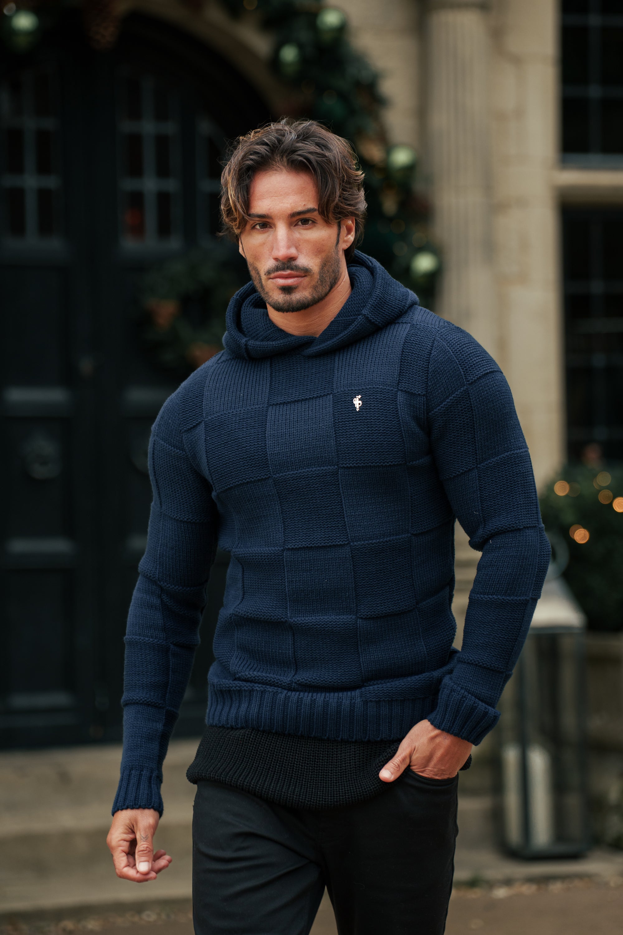 Navy Checkerboard Knitted Hoodie - FSJ138