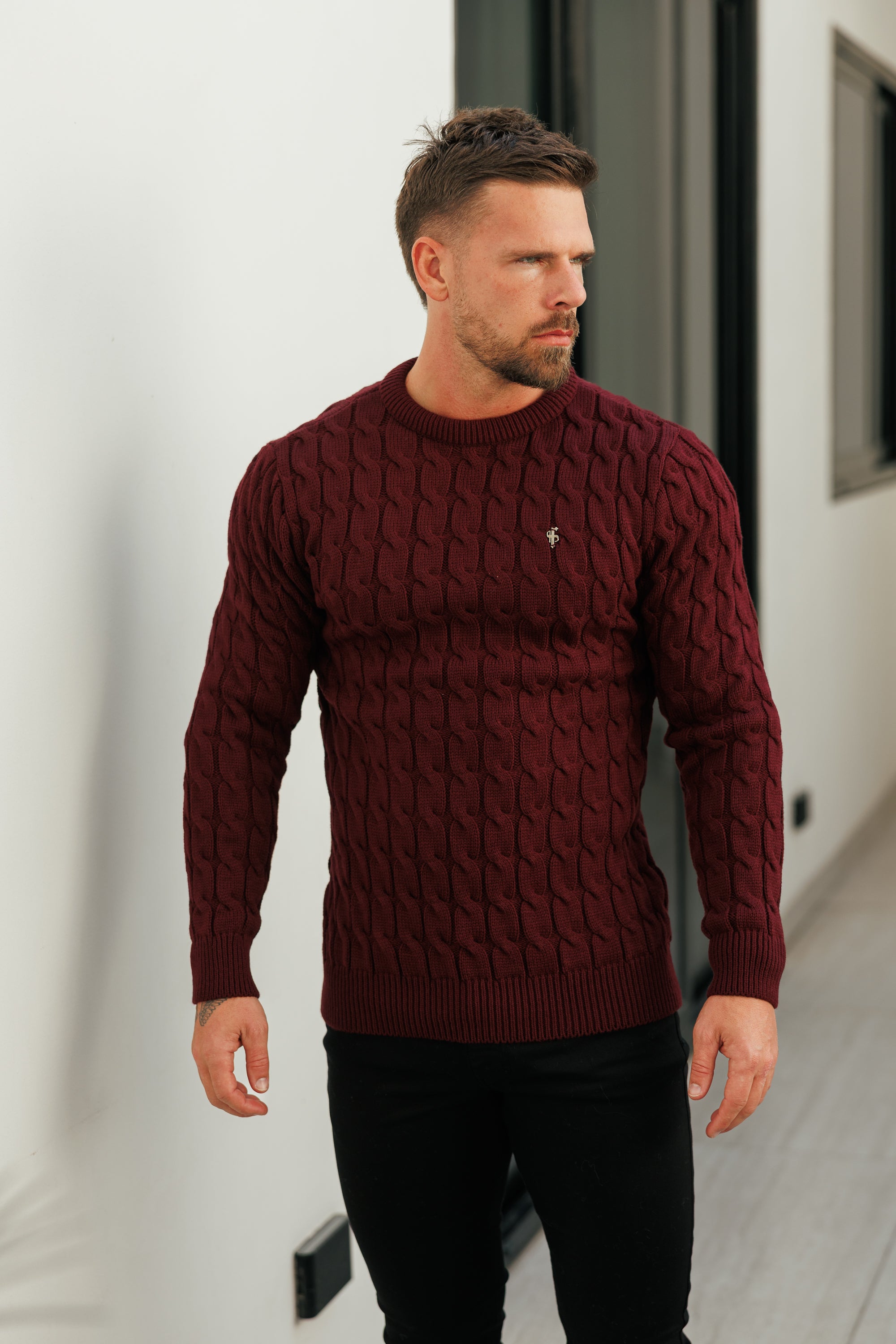 Link Weave Knit Wine Crew Neck Jumper - FSJ131