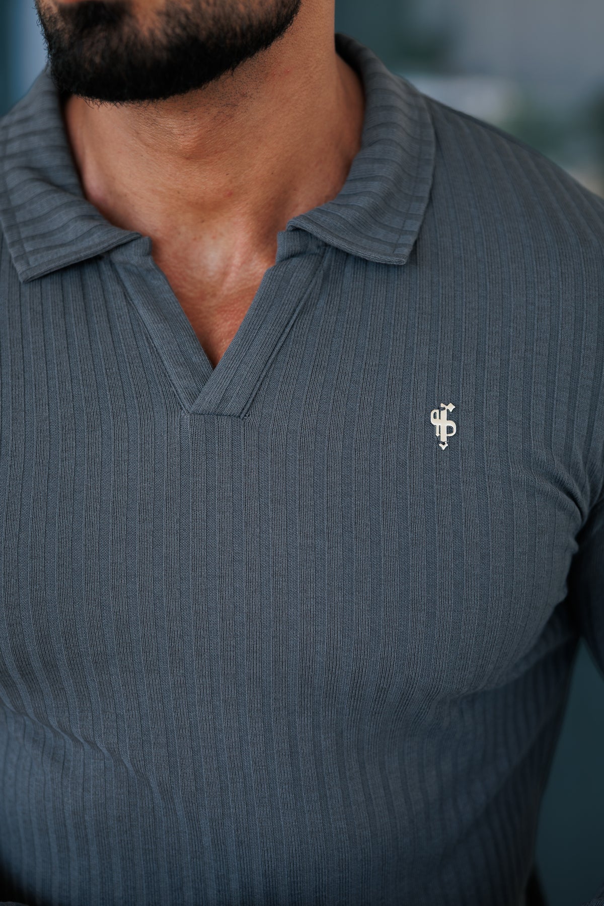 Charcoal / Silver Ribbed Revere Polo Shirt Long Sleeve - FSH1462