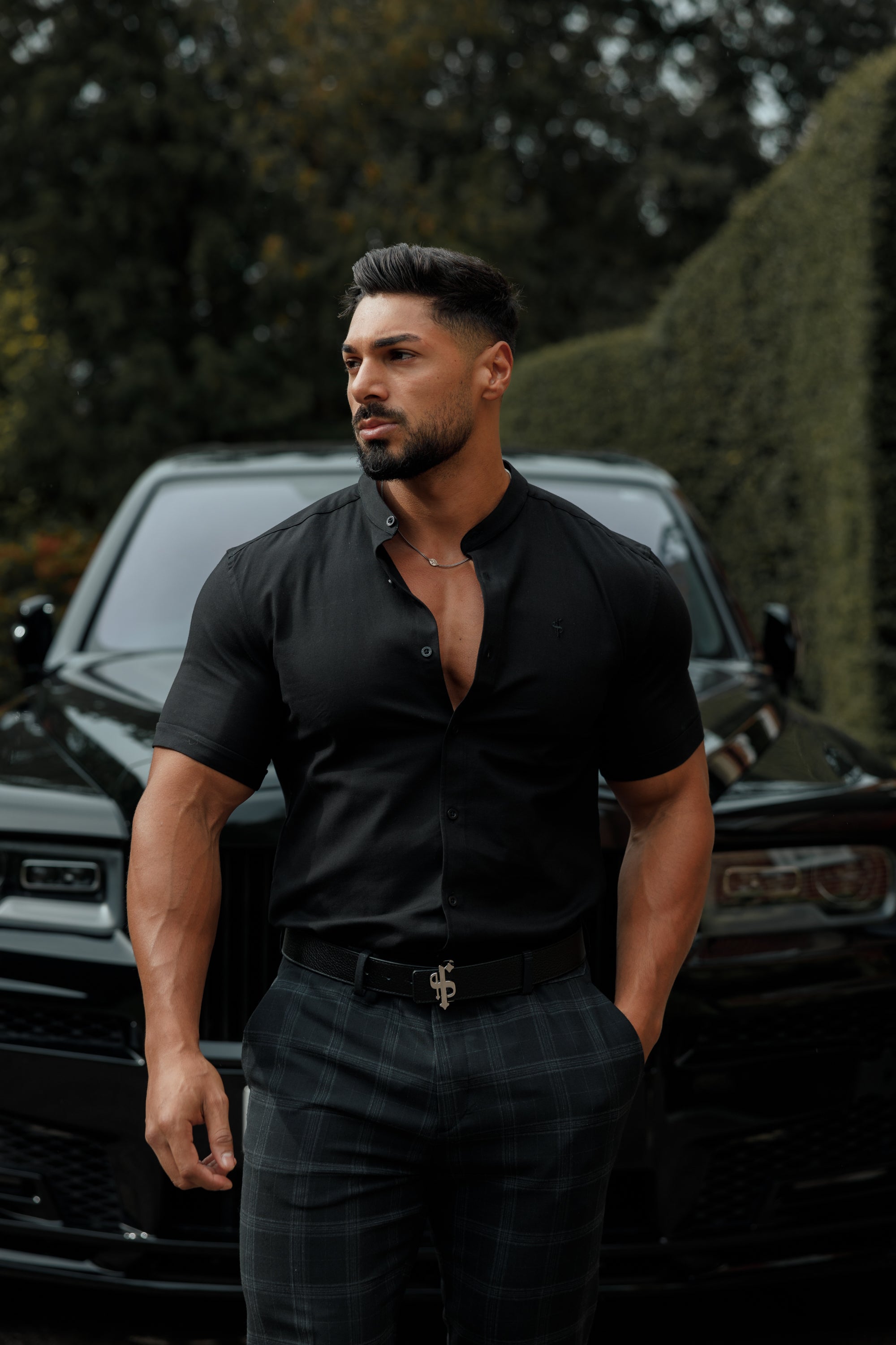 Super Slim Oxford Stretch Classic All Black Grandad Collar Short Sleeve - FS582