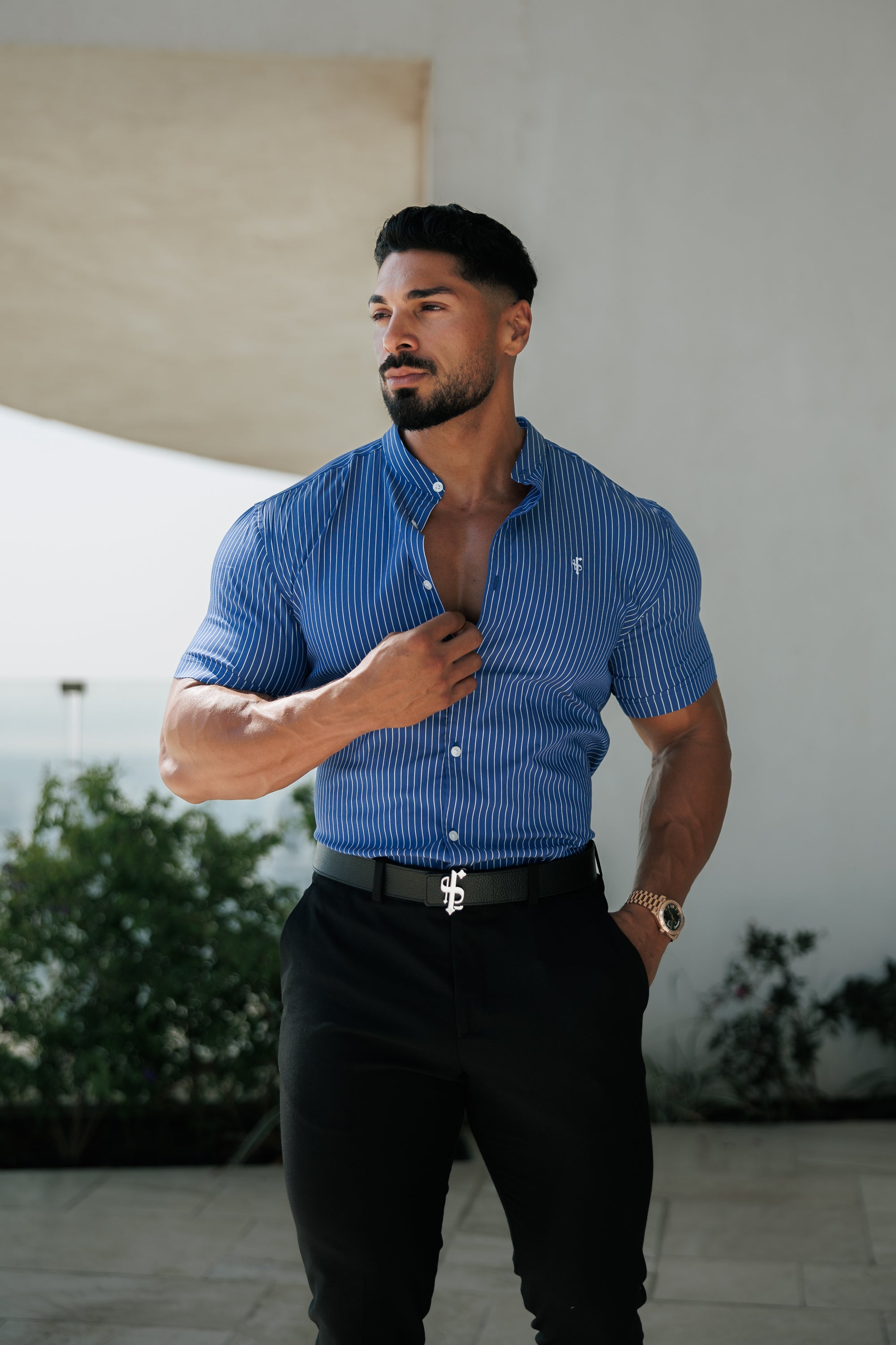 Super Slim Stretch Ocean Blue Printed Pinstripe Short Sleeve with Grandad Collar - FS1064