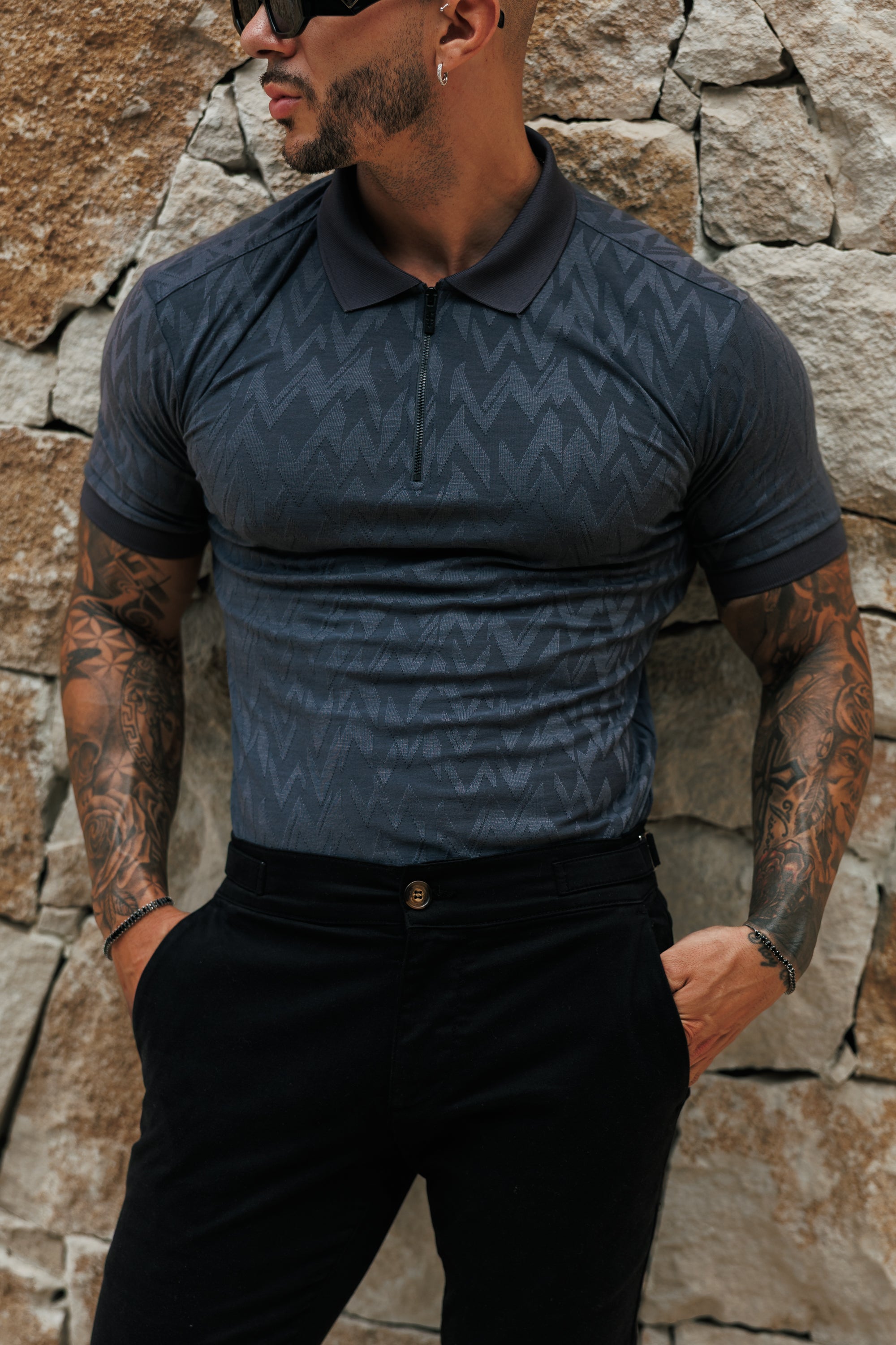 Classic Jacquard Charcoal Chevron Zipped Polo - FSR059 (PRE ORDER 30TH JUNE)