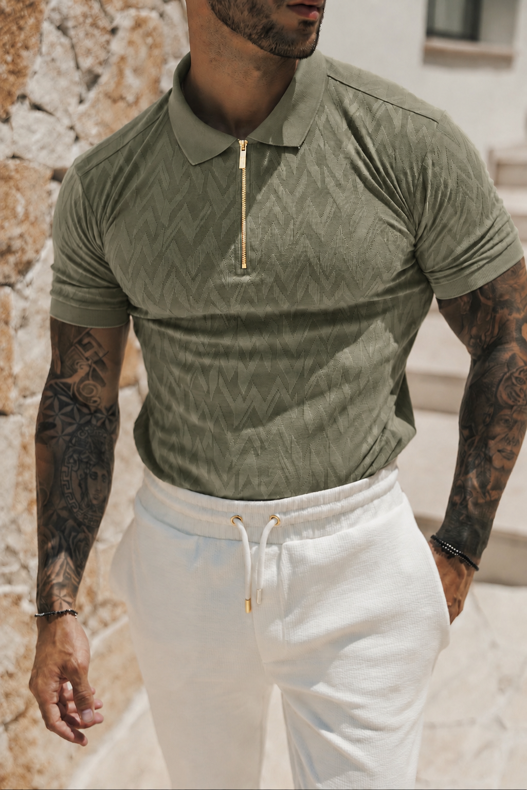 Classic Jacquard Olive Chevron Zipped Polo - FSR060